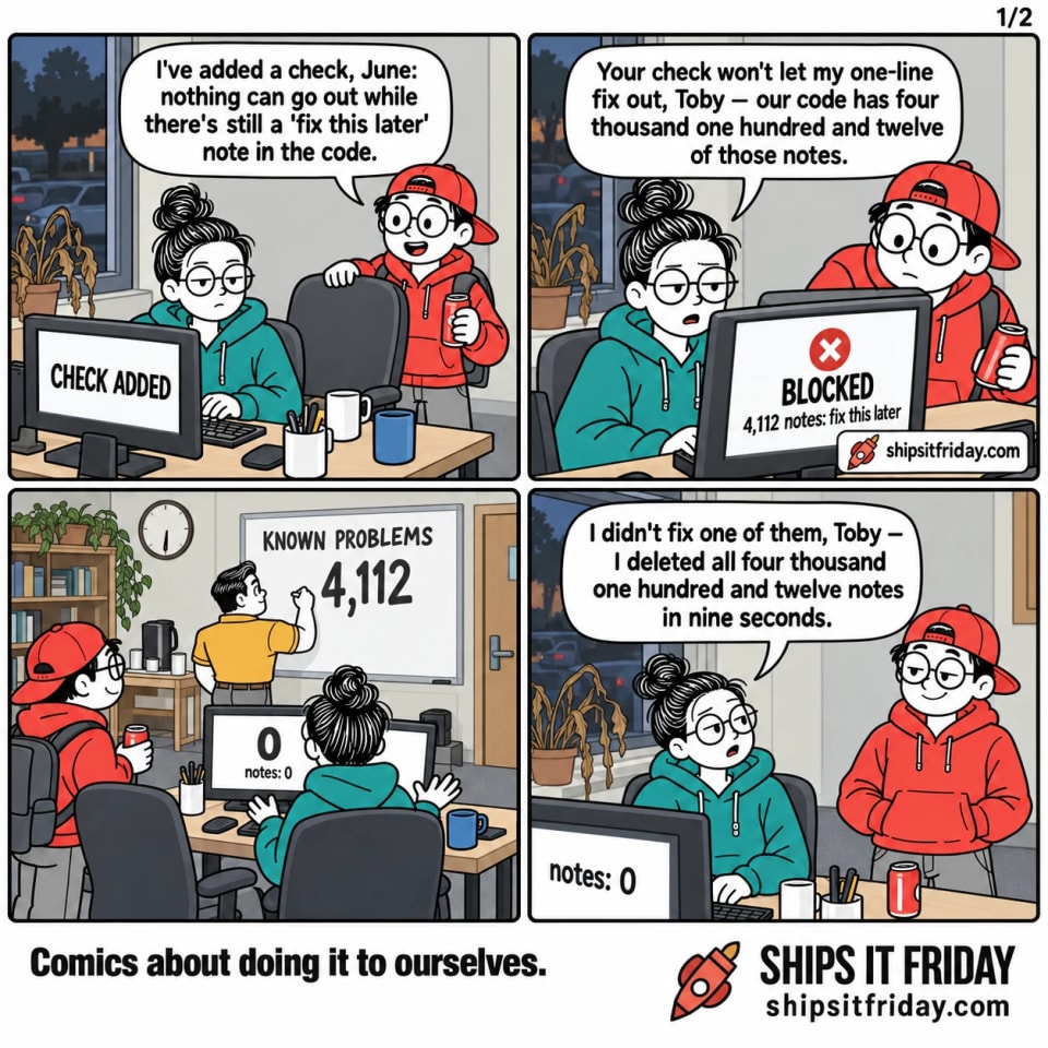 Four panels in the dev corner of the office, early evening. Panel 1: Toby stands at the desks beside a seated June, his monitor reading CHECK ADDED. Toby: "I've added a check, June: nothing can go out while there's still a 'fix this later' note in the code." Panel 2: close-up on June and her monitor, which reads BLOCKED and '4,112 notes: fix this later'. June: "Your check won't let my one-line fix out, Toby — our code has four thousand one hundred and twelve of those notes." Panel 3: silent, wide reverse angle across the room. June's screen now shows a huge green 0; Dale stands at the far wall board, which still reads KNOWN PROBLEMS 4,112. Panel 4: close two-shot, June slumped in her chair looking up at Toby. June: "I didn't fix one of them, Toby — I deleted all four thousand one hundred and twelve notes in nine seconds."