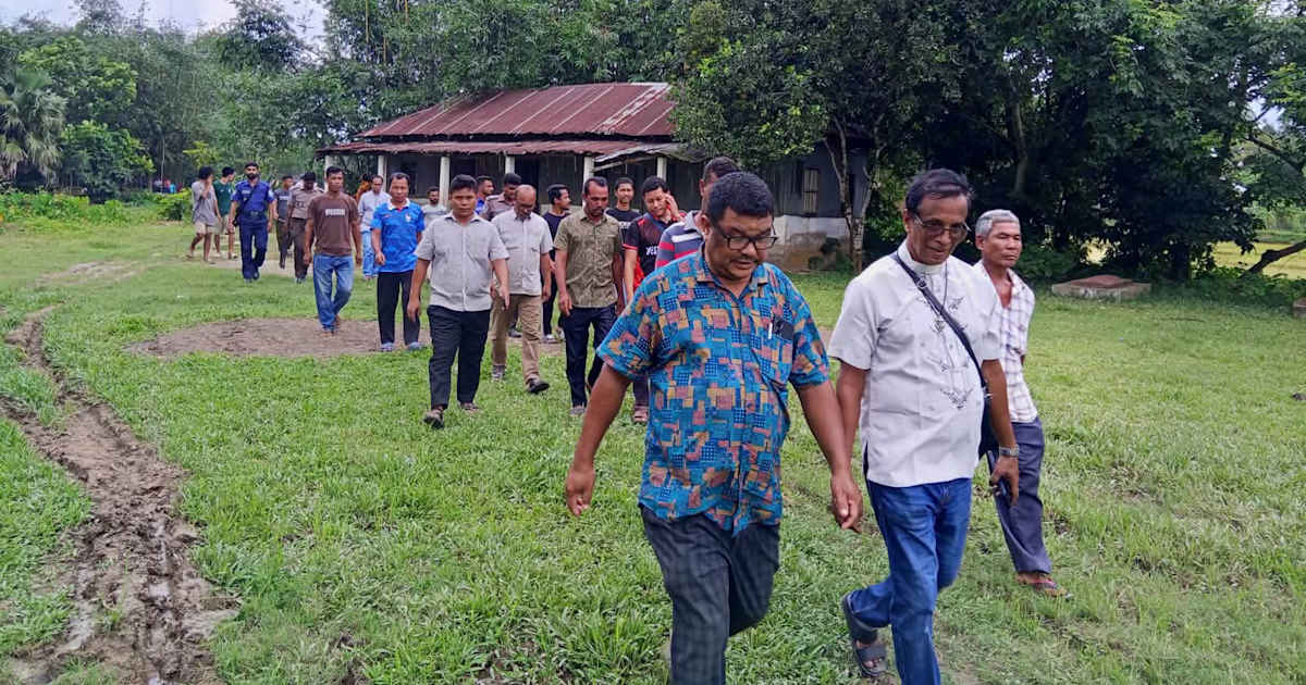Church officials and indigenous leaders visit the Garo village of Gazarikura in northern Bangladesh on August 13, 2026, after an attack on homes. | Credit: Thokbirim News