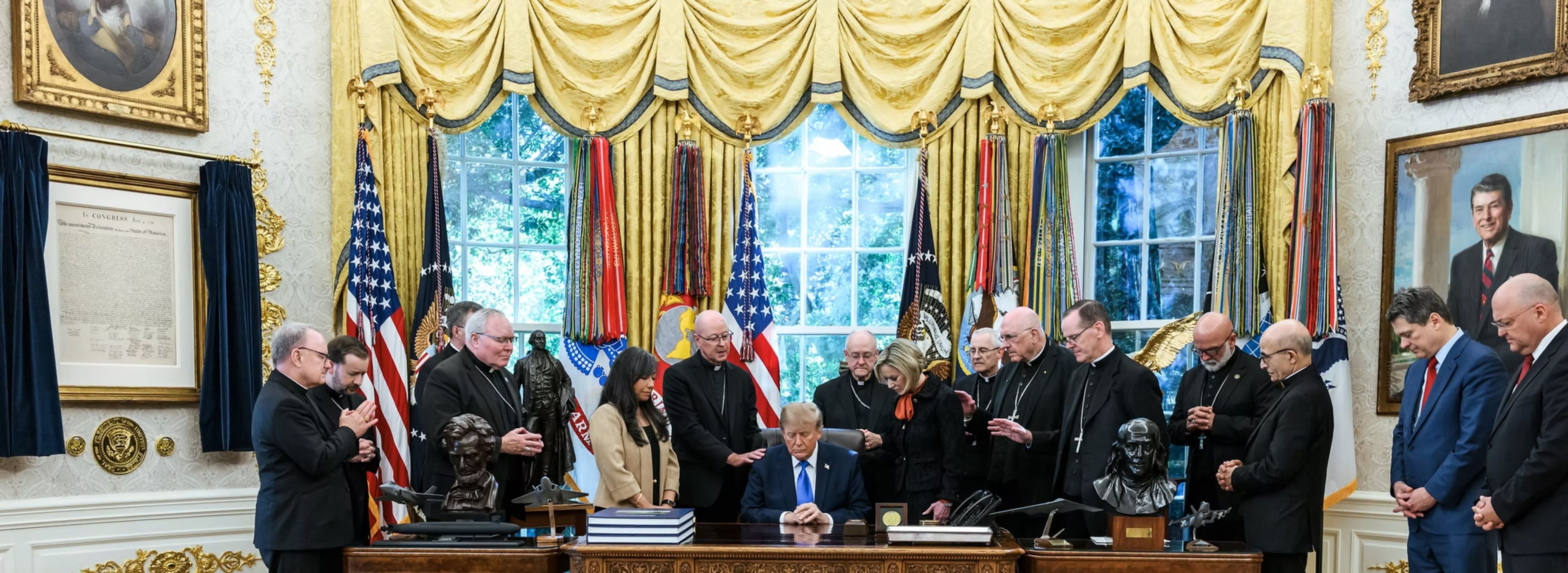 Denver Archbishop James Golka prays over President Trump alongside brother bishops at the White House on Oct. 22, 2026. | Credit: Photo courtesy of the White House