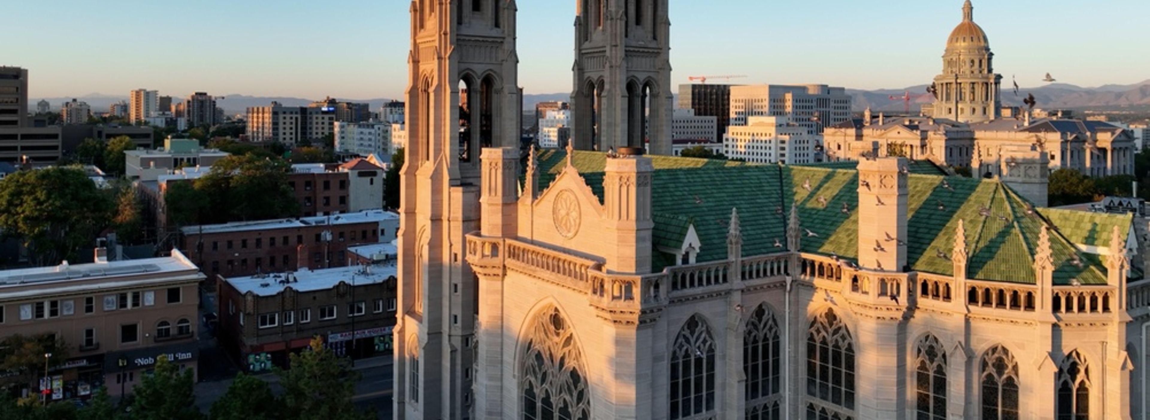 The Cathedral Basilica of the Immaculate Conception in Denver is seen from a drone’s-eye view at sunrise. | Credit: Kurtis Toliver/Shutterstock