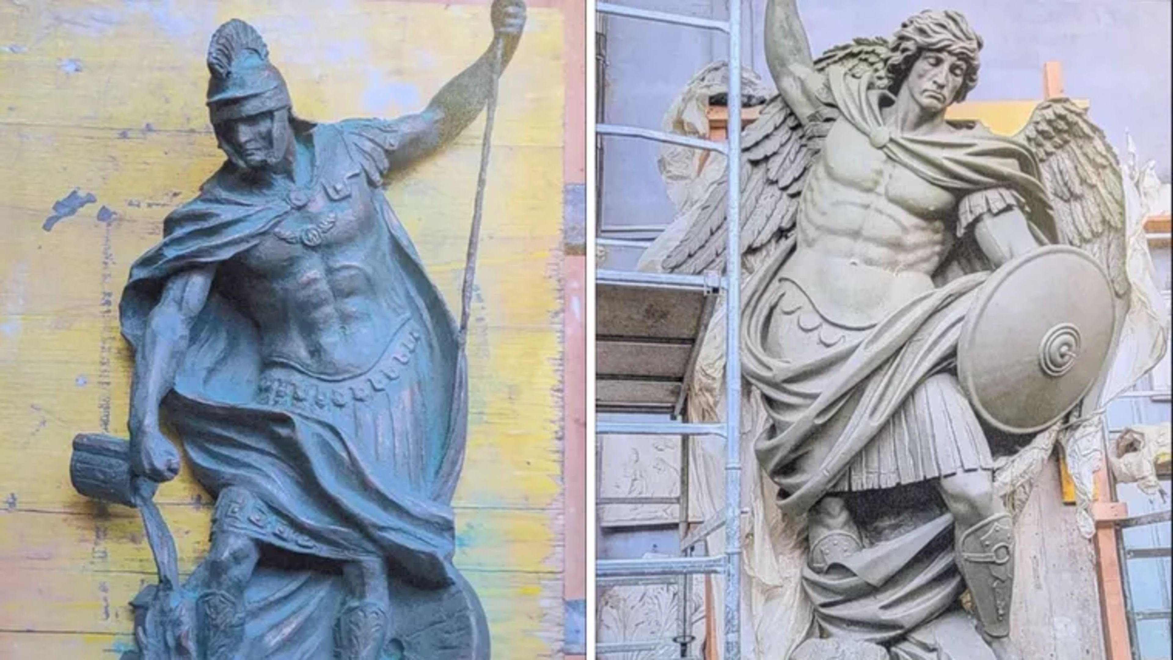 These statues of St. Florian, left, and St. Michael, right, will remain off the 120,000-square-foot public safety building of Quincy, Massachusetts, the state’s highest court ruled Aug. 20, 2026. | Credit: Photos courtesy of Office of Mayor Thomas Koch