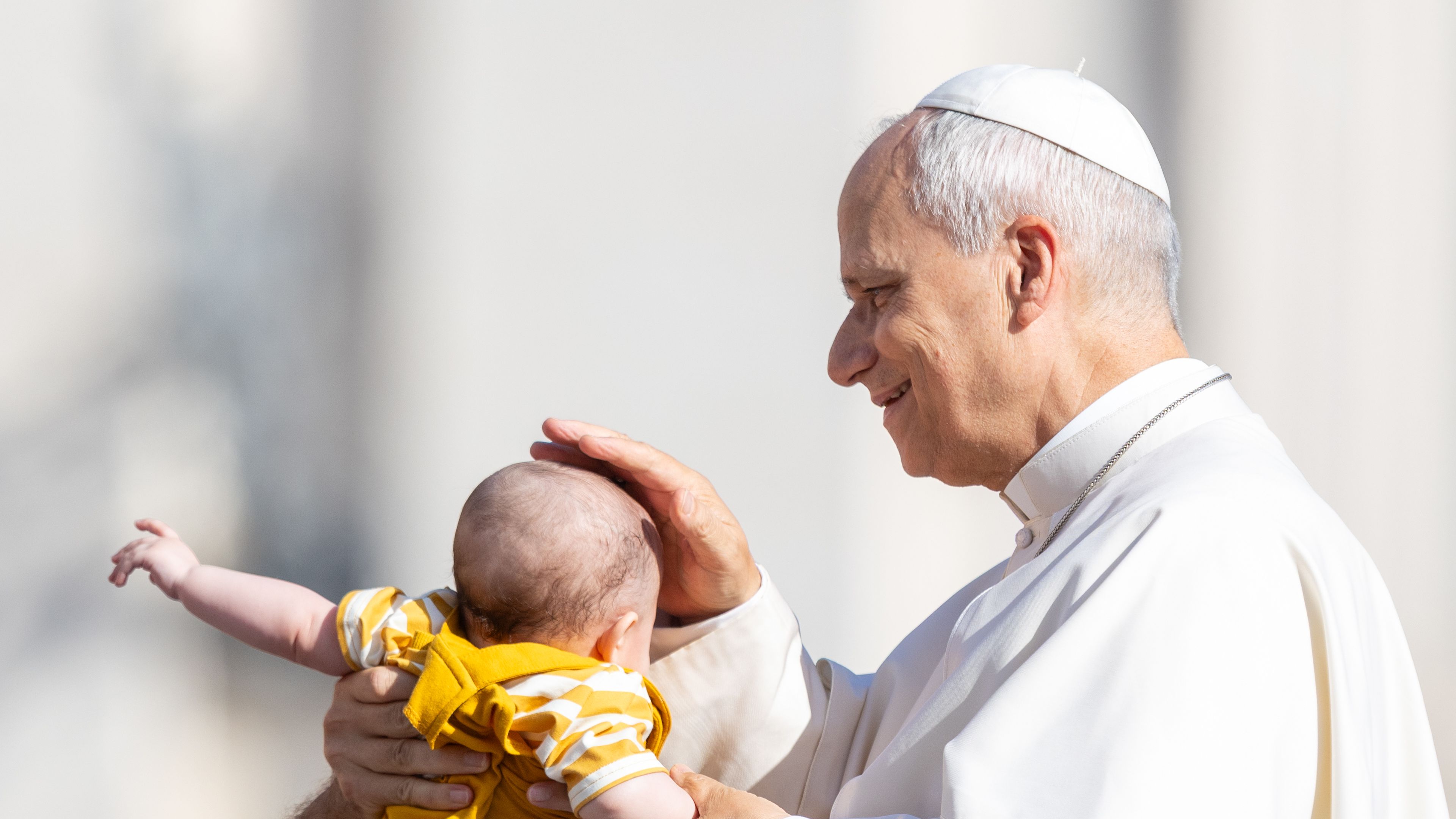 Pope Leo XIV blesses a small baby during his weekly general audience on Sept. 9, 2026, in St. Peter’s Square. | Credit: Daniel Ibanez/EWTN News