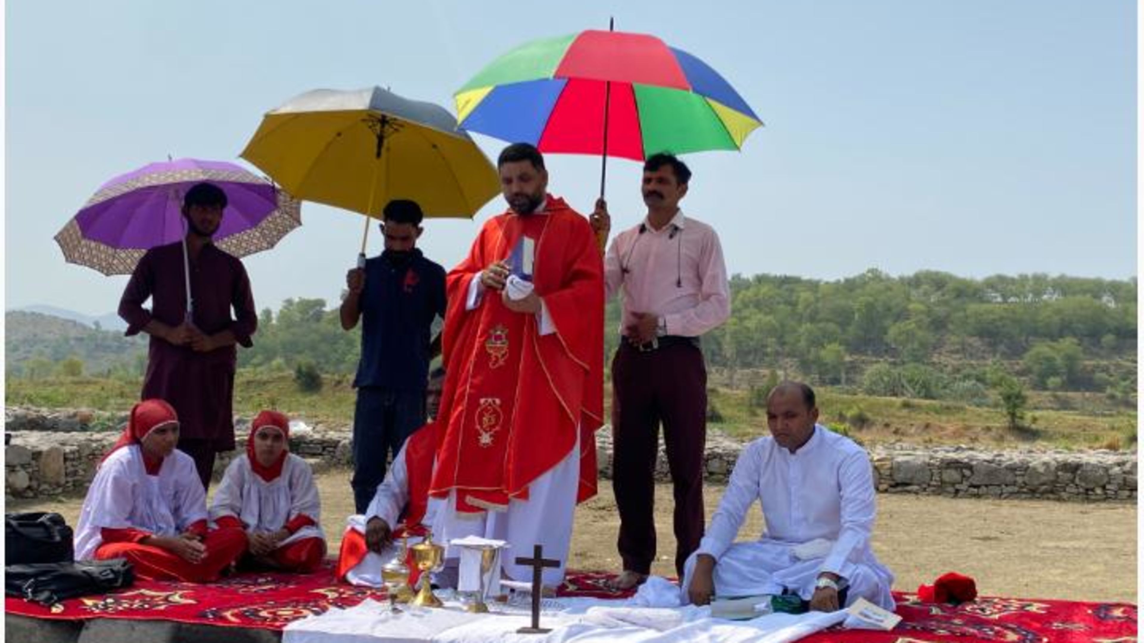 Father Yousaf Yaqoob celebrates Mass at the throne of St. Thomas at Sirkap in Taxila, Pakistan, on July 4, 2026. | Credit: Photo courtesy of Sagar Rahat