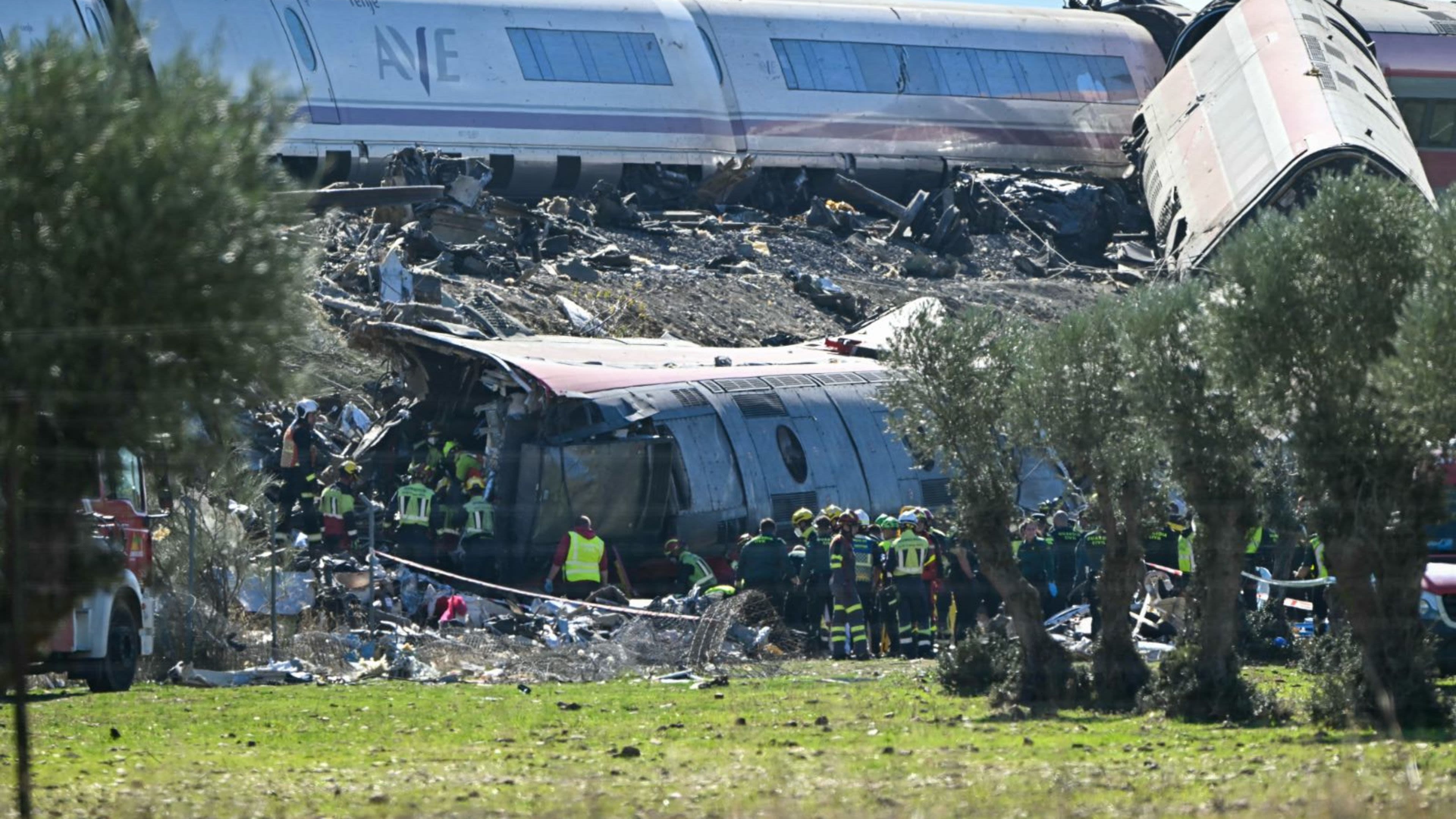 Emergency services are working at the scene of a collision between a Renfe AVE high-speed train and an Iryo train, approximately 90 miles south of Madrid between Urda and Los Yébenes in Toledo province in Spain on Oct. 28, 2026. | Credit: Javier Soriano/AFP via Getty Images