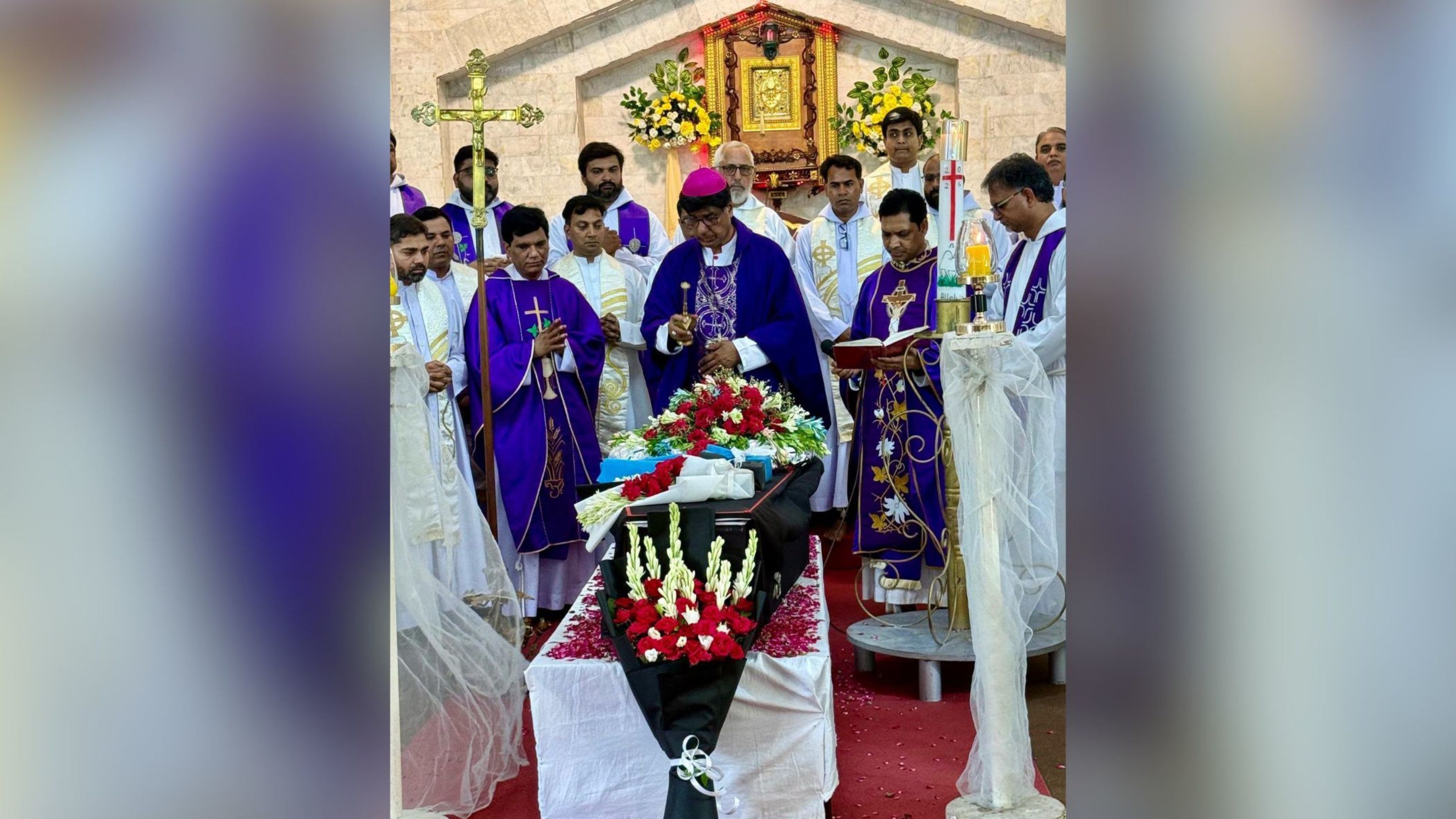 Archbishop Khalid Rehmat of Lahore, Pakistan, leads the funeral Mass of Amir Peter at St. Joseph’s Church in Lahore on July 2, 2026. | Credit: Photo courtesy of Samson Salamat