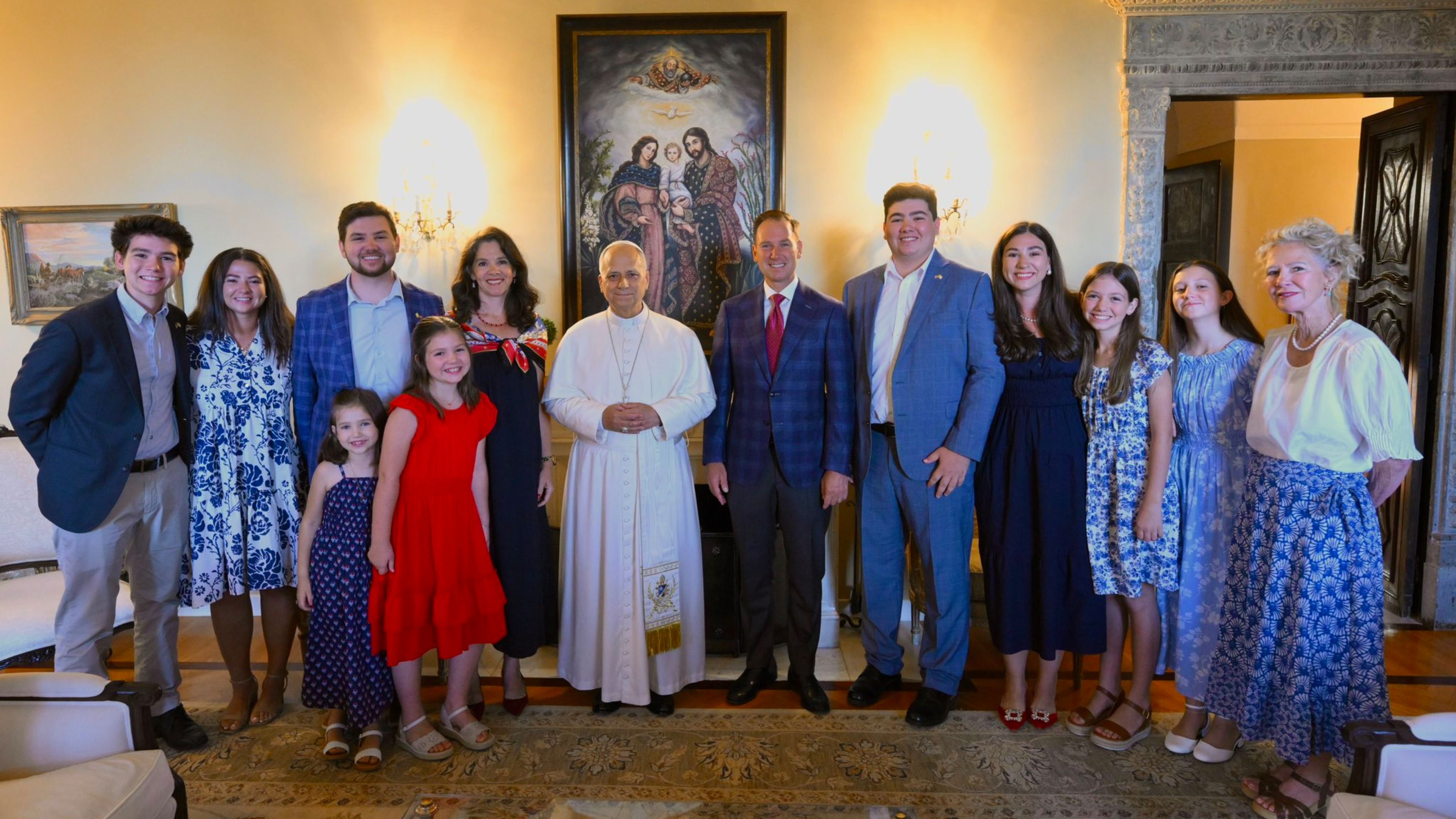 Pope Leo XIV with U.S. Ambassador Brian Burch and his family at the ambassador's residence on July 4, 2026. | Credit: U.S. Embassy to the Holy See