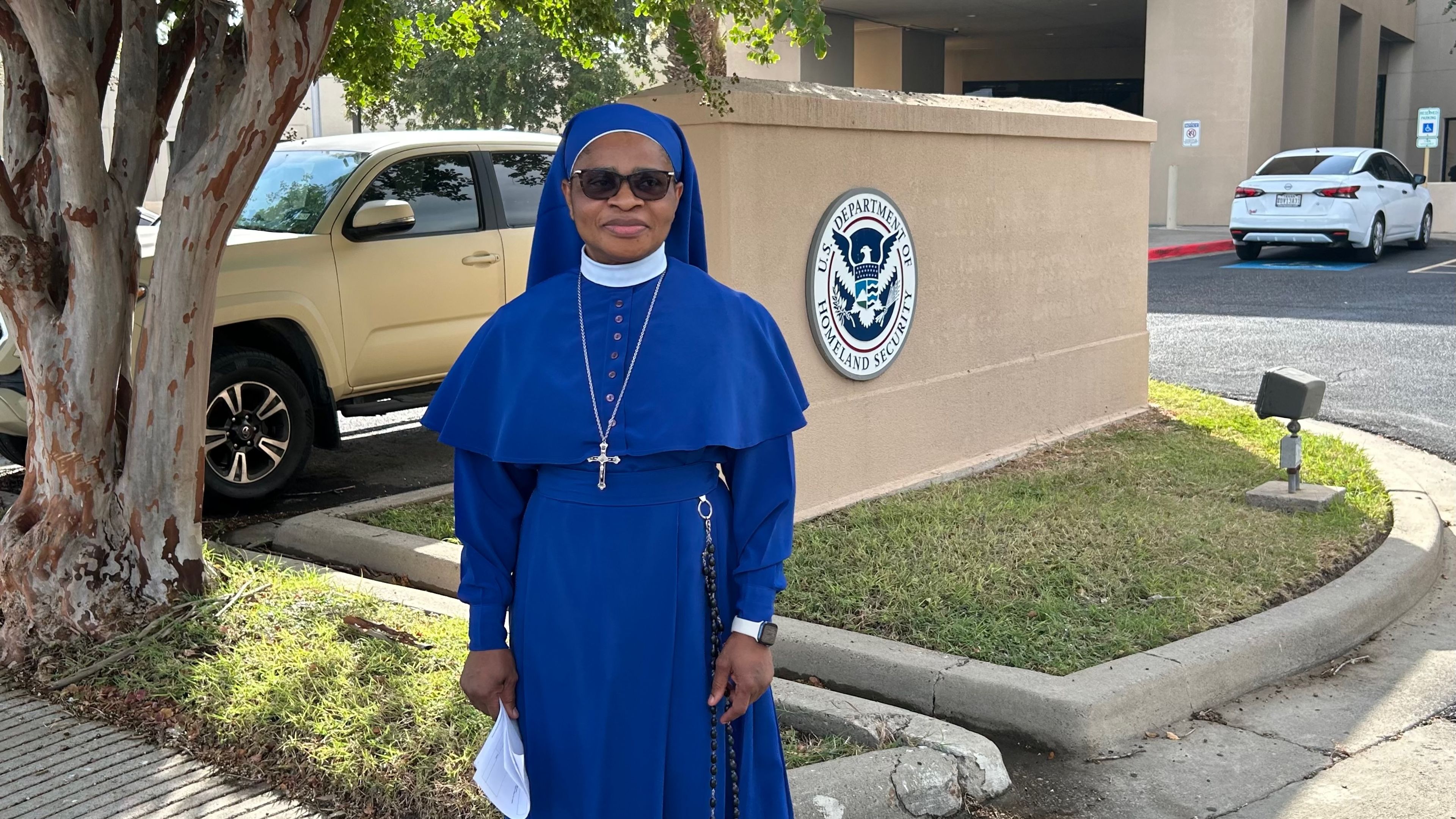 Sister Leticia Ugboaja stands outside an ICE field office in Harlingen, Texas, after her check-in on July 28, 2026. | Credit: Amira Abuzeid/EWTN News