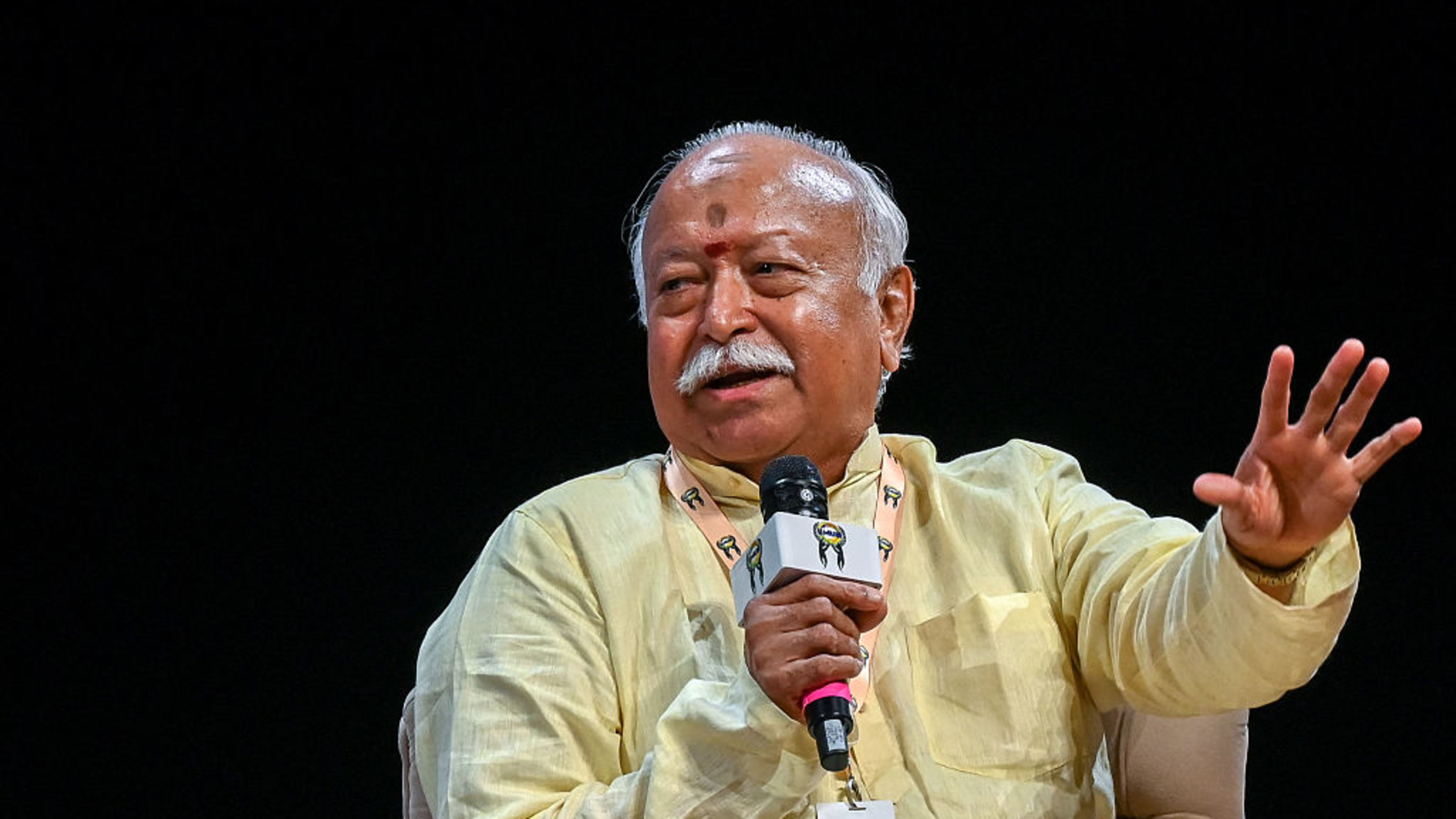 Mohan Bhagwat, Rashtriya Swayamsevak Sangh (RSS) chief, speaks during the India International Movement to Unite Nations (IIMUN) event in Mumbai on Aug. 6, 2026. | Credit: Punit Paranjpe/AFP via Getty Images