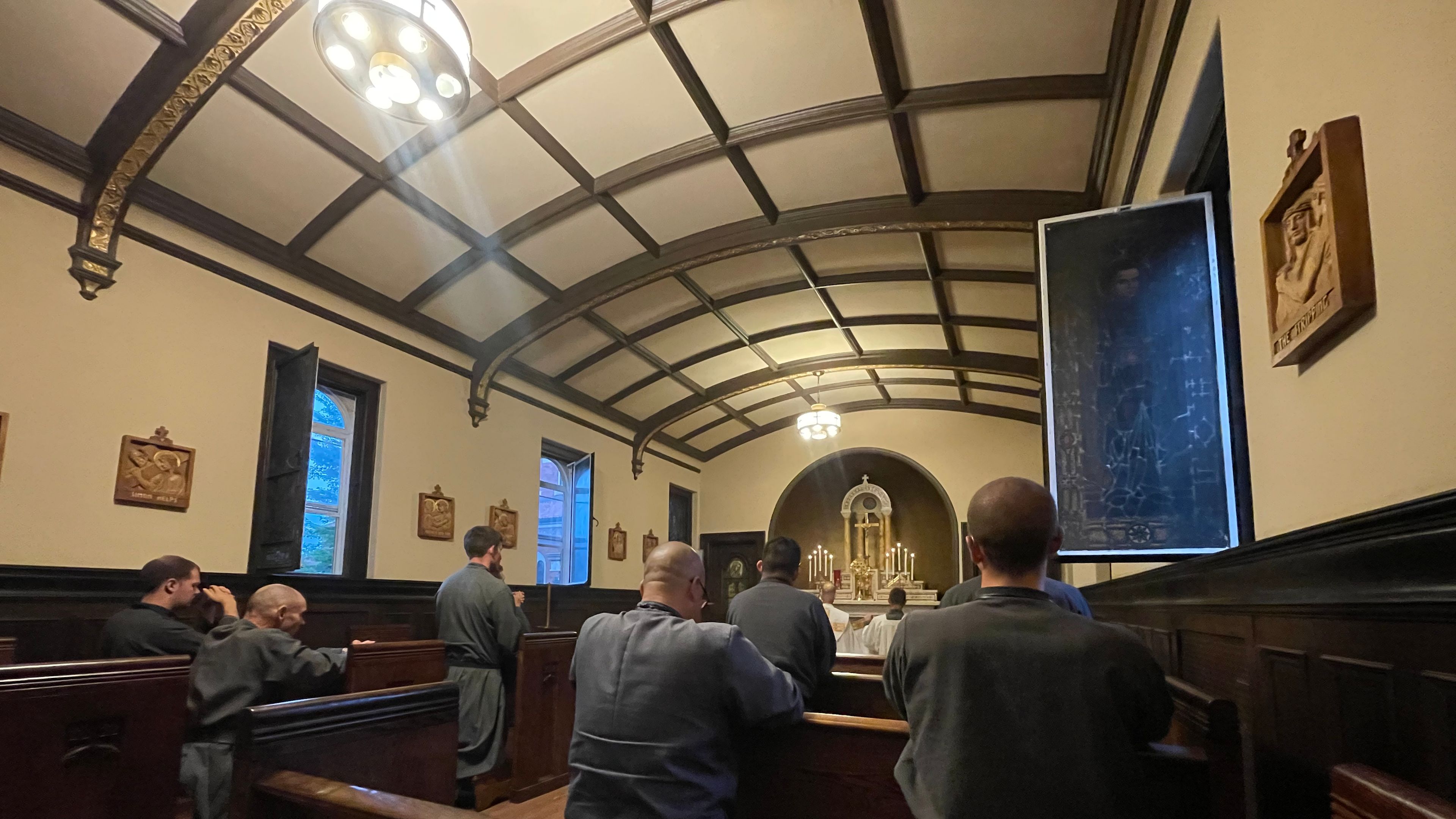 Society of Our Lady of the Most Holy Trinity novices pray before the Blessed Sacrament. | Credit: Photo courtesy of Father Dave Brokke/Society of Our Lady of the Most Holy Trinity