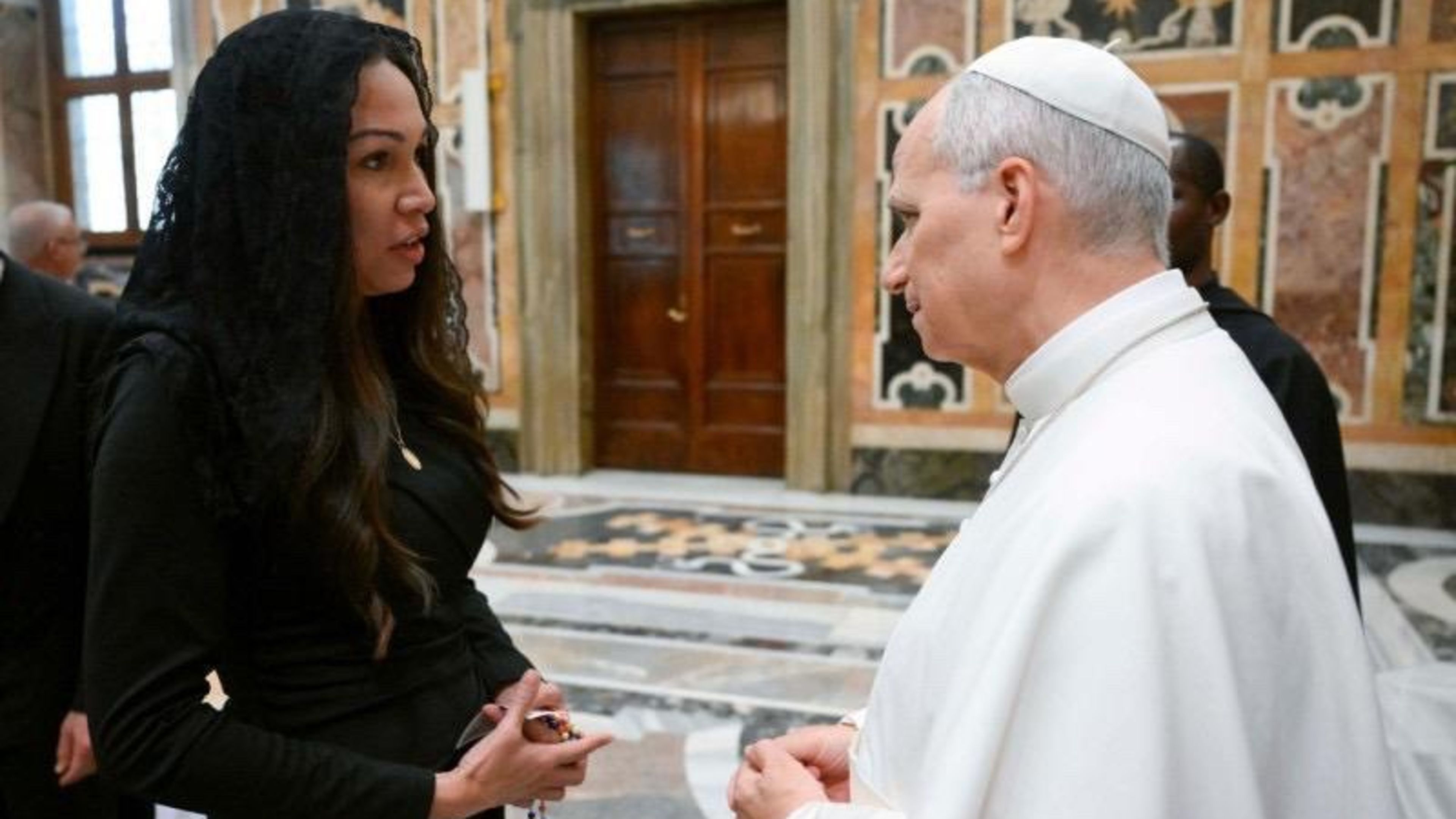 Megan Garcia, a mother whose son died by suicide after consulting an AI chatbot, meets with Pope Leo XIV at the Vatican on Nov. 19, 2025. | Credit: Vatican Media