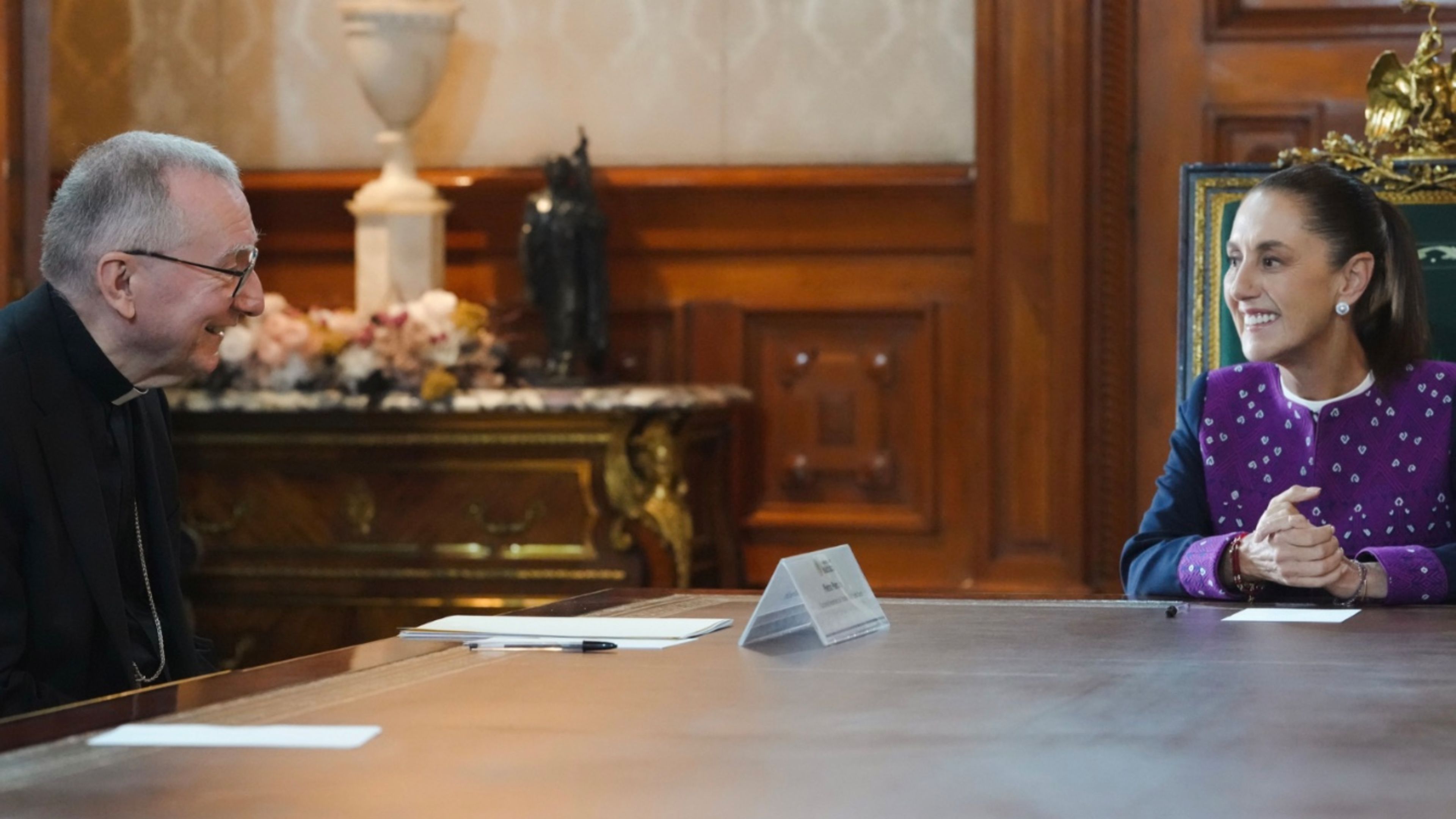 Vatican Secretary of State Cardinal Pietro Parolin meets with Mexican President Claudia Sheinbaum at the National Palace on Aug. 5, 2026. | Credit: Government of Mexico