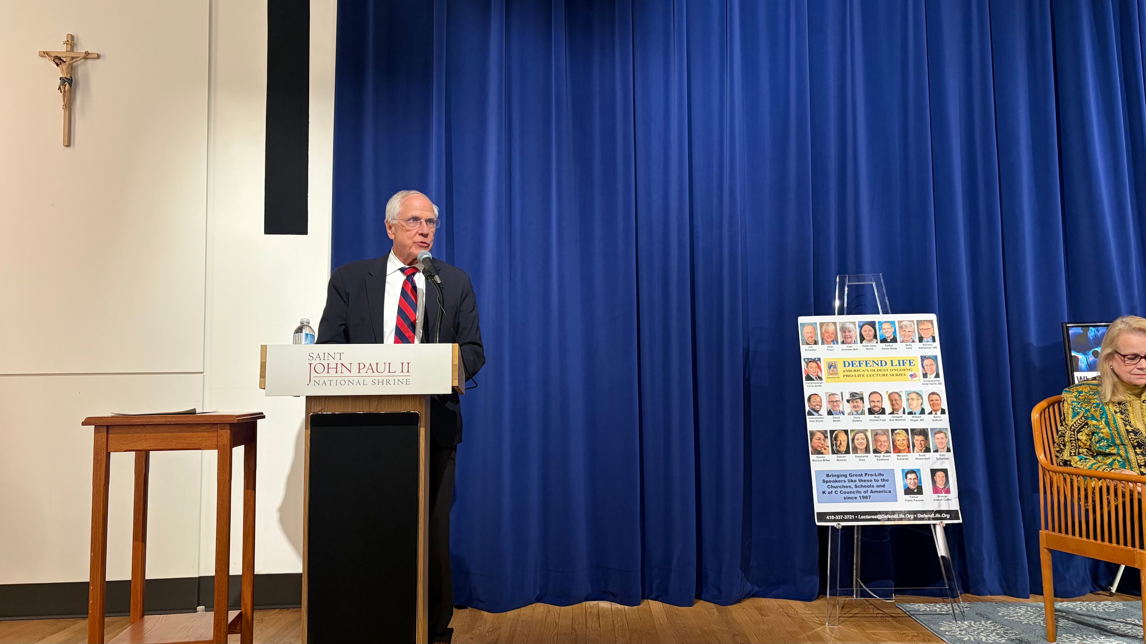 John Haas, president emeritus of the National Catholic Bioethics Center, argues that embryo adoption is morally illicit during an event at the John Paul II Shrine in Washington, D.C., on Oct. 22, 2026. | Credit: Madalaine Elhabbal/EWTN News