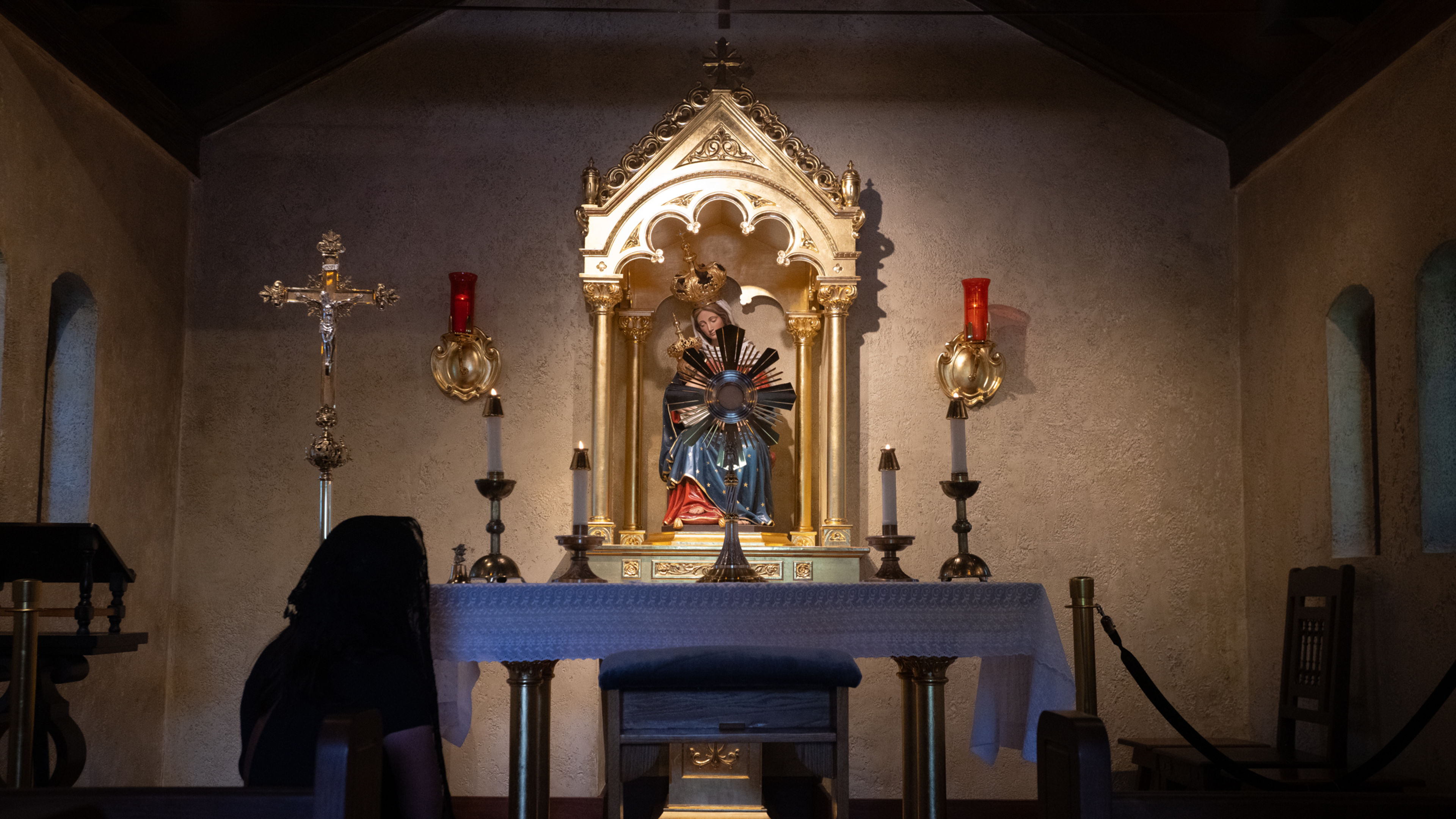 The monstrance rests on the altar of the chapel at the Shrine of Our Lady of La Leche during opening events for the National Eucharistic Pilgrimage on Pentecost Sunday, May 24, 2026, in St. Augustine, Florida. | Credit: Jeffrey Bruno