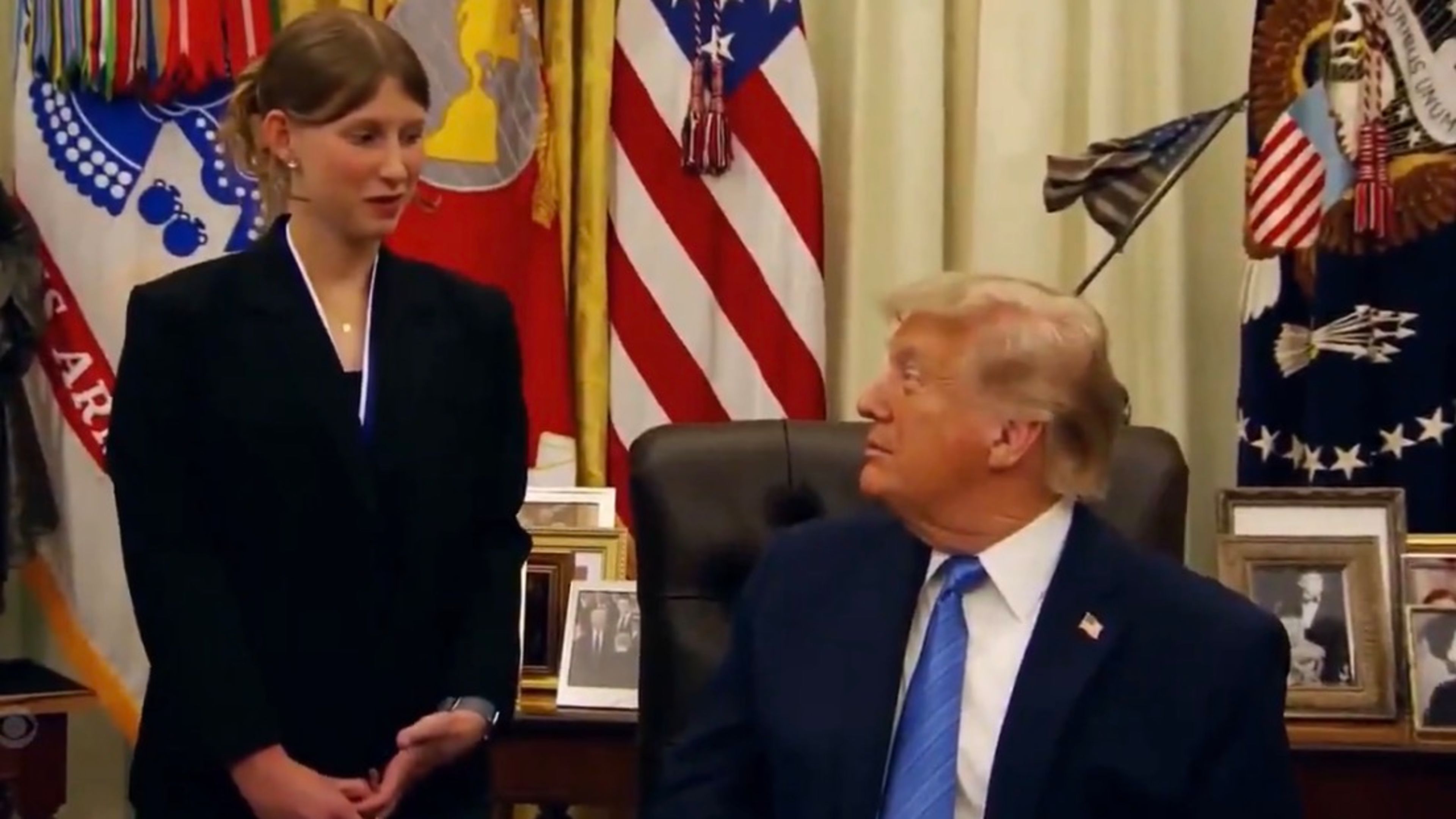 Incoming Wyoming Catholic College student Miriam Washut talks with President Donald Trump in the Oval Office on July 1, 2026, after winning first place in the Presidential 1776 Award competition. | Credit: Photo courtesy of the White House Rapid Response 47 X account