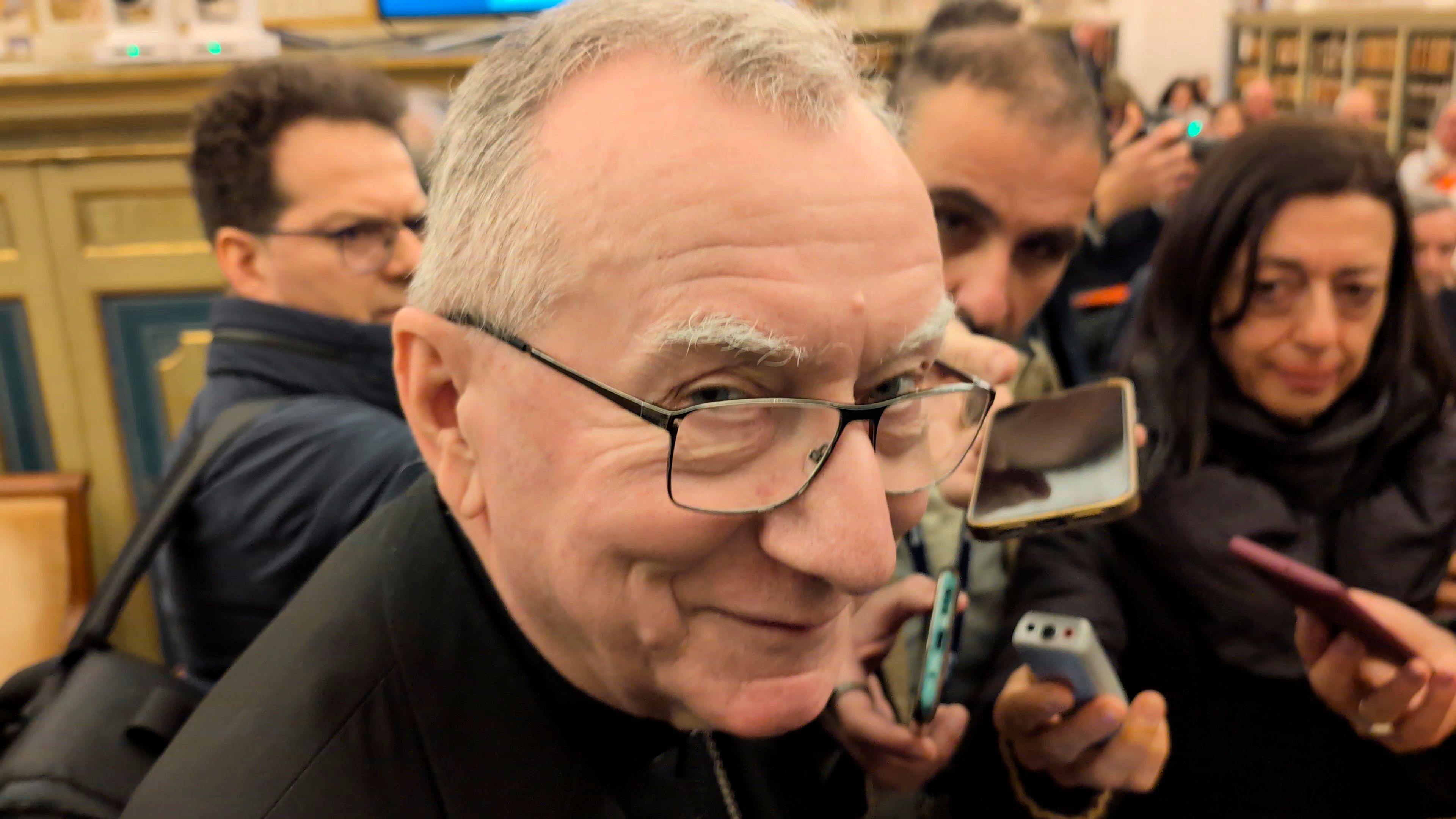 Cardinal Pietro Parolin, the Vatican secretary of state, answers questions from journalists during a conference at the Vatican Apostolic Library on March 26, 2026. | Credit: Ishmael Adibuah/EWTN News