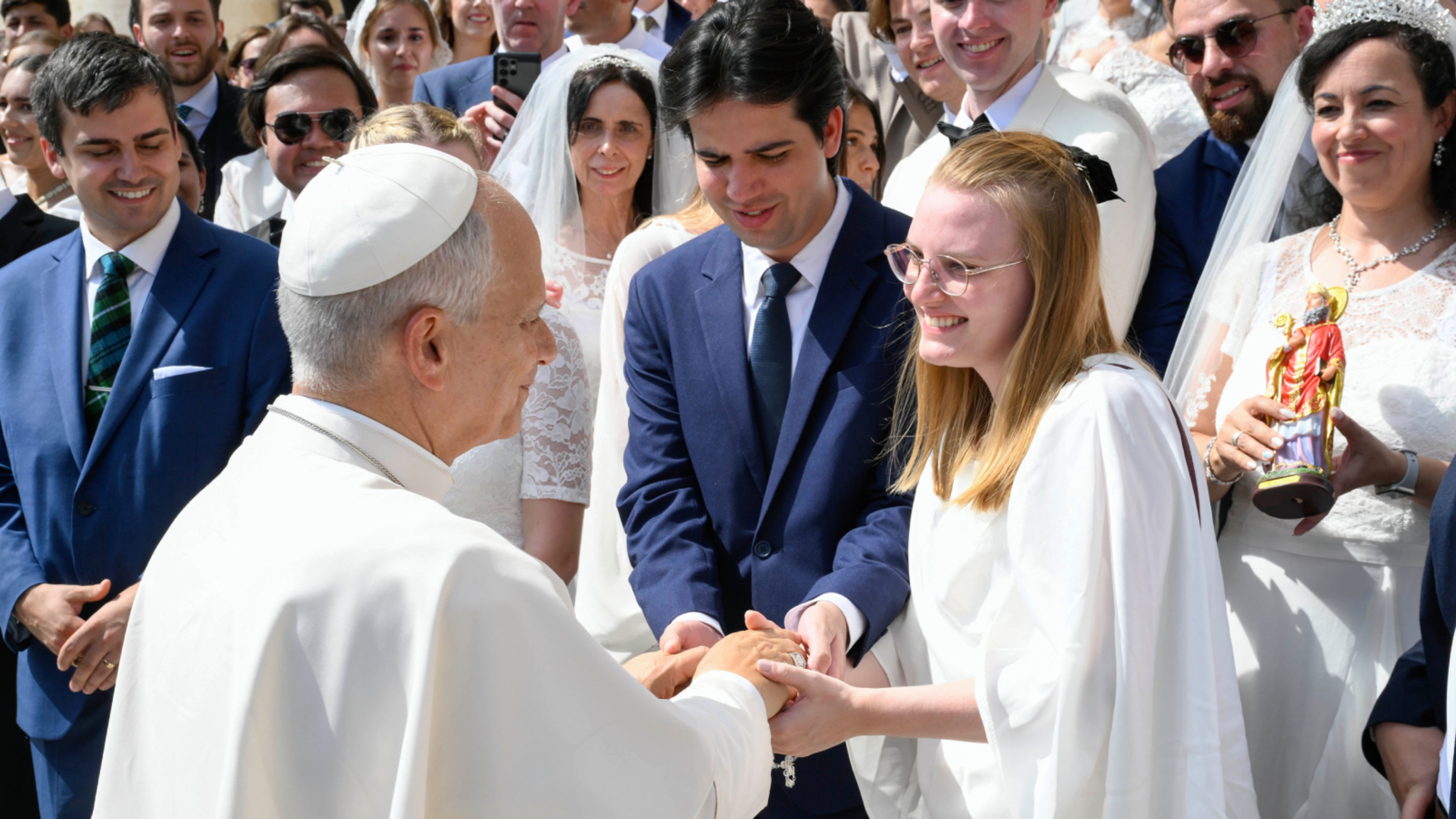 Pope Leo XIV greets couples gathered in St. Peter’s Square during the Sept. 9, 2026, general audience. | Credit: Vatican Media