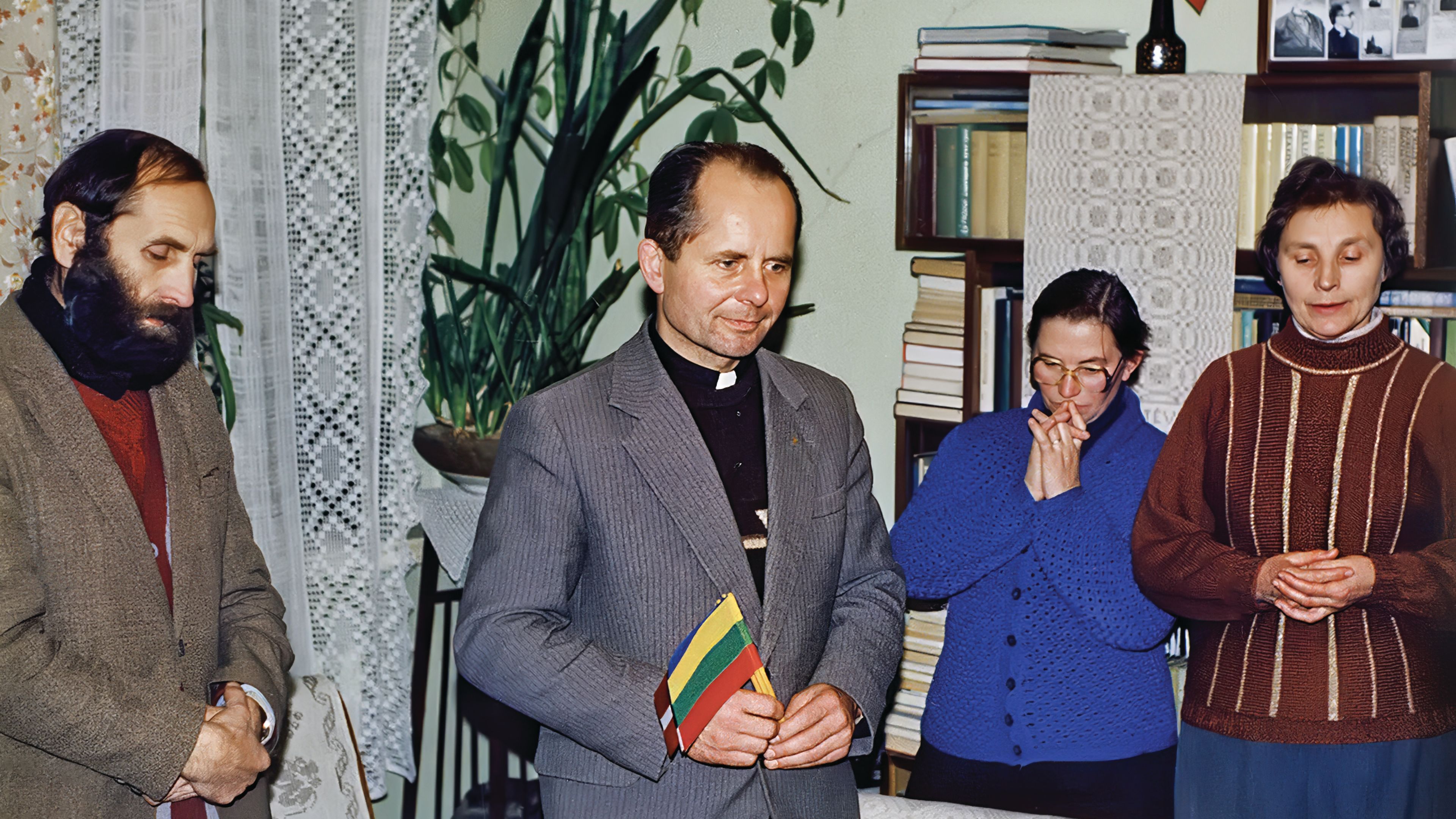 Father Sigitas Tamkevičius, second from left, returns from exile to a welcome from Petras Cidzikas and Sisters Gerarda Elena and Felicija Nijolė in Kybartai, Lithuania, in 1988. | Credit: Photo courtesy of Sister Felicija Nijolė Sadūnaitė