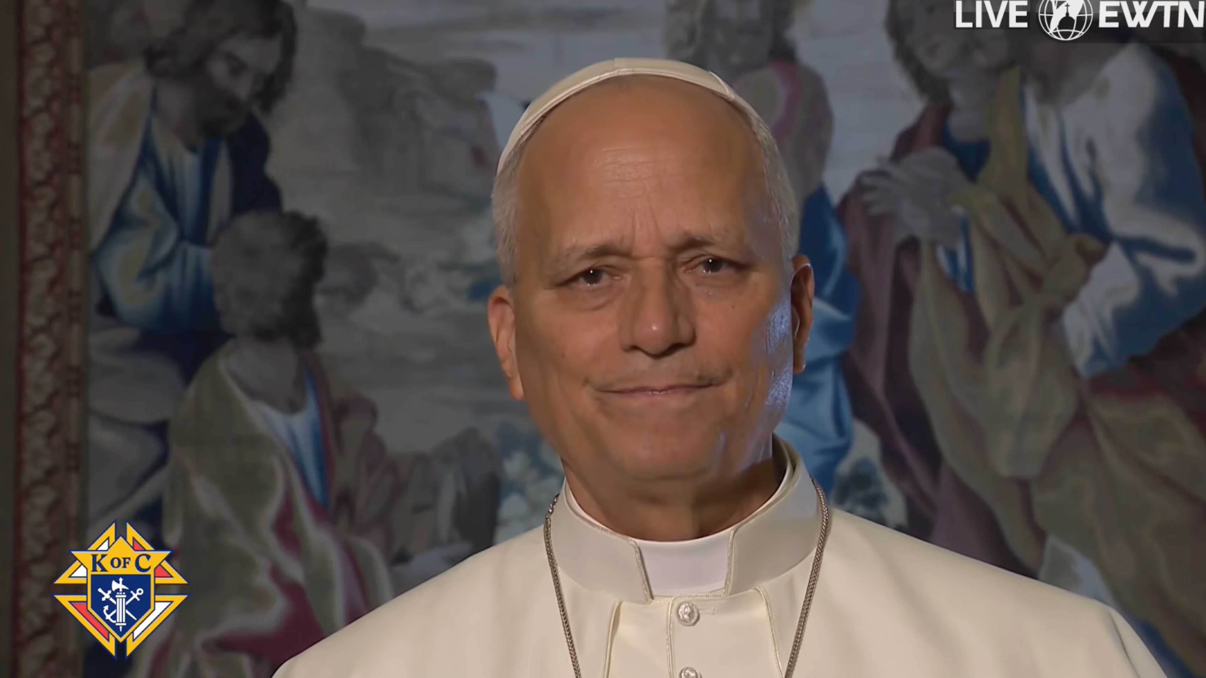 Pope Leo XIV addresses, via a videotaped message, the Knights of Columbus 144th Supreme Convention Opening Session in Denver on Aug. 4, 2026. | Credit: EWTN/Screenshot