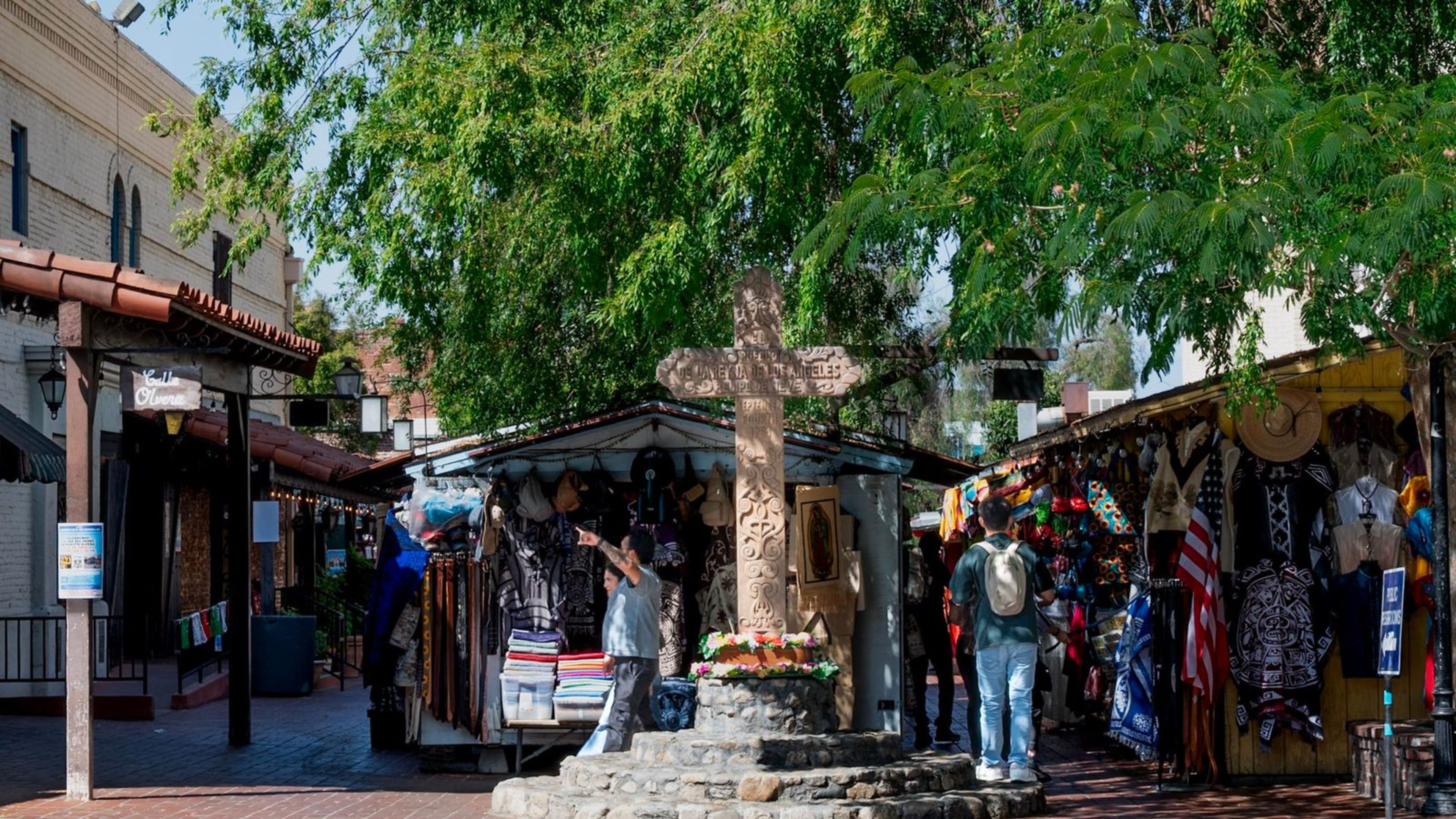 The Olvera Street Cross stands at the head of Olvera Street near the El Pueblo de Los Ángeles Historical Monument in Los Angeles. | Credit: Becket