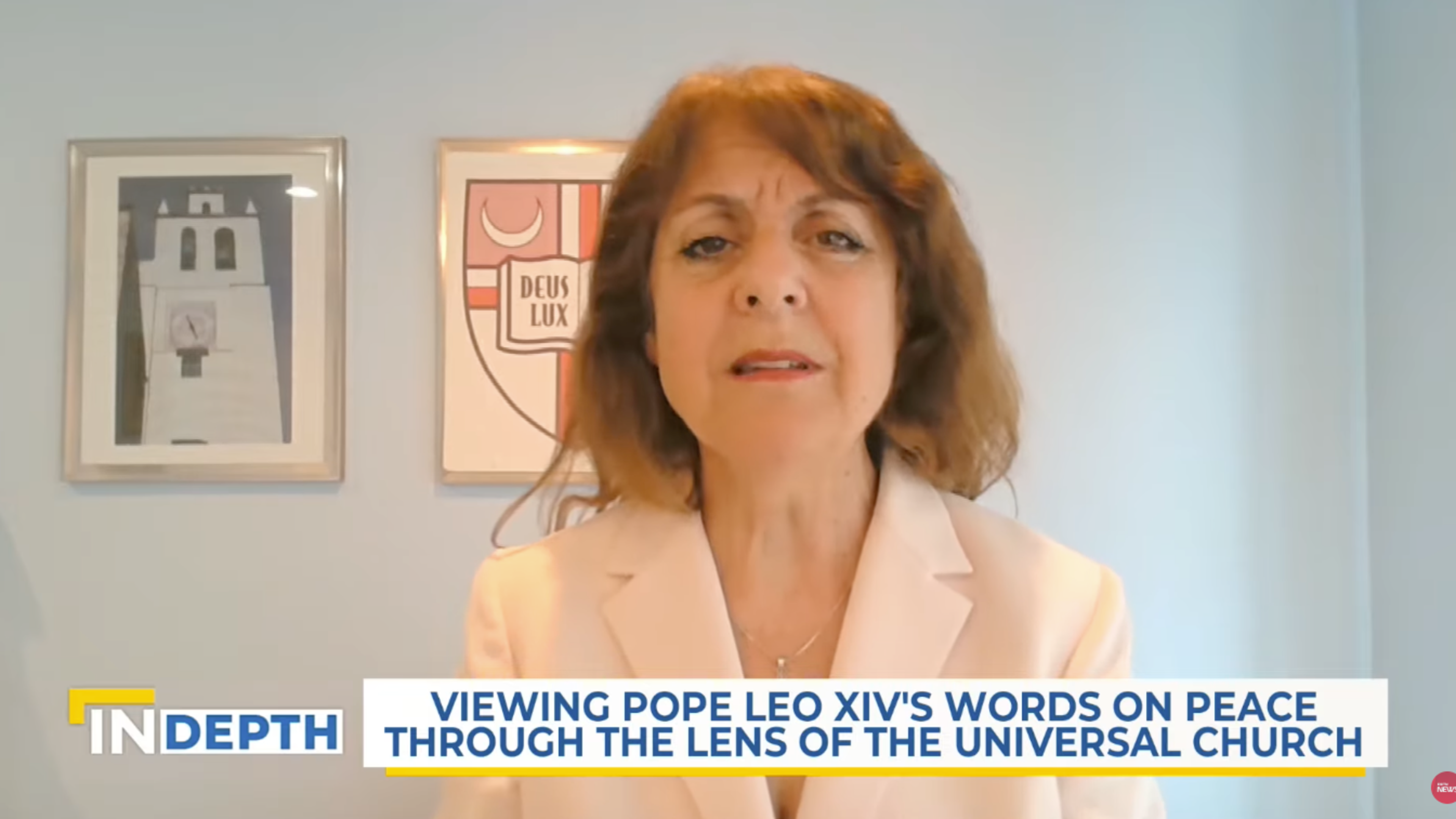 Maryann Cusimano Love, an international relations expert at The Catholic University of America, speaks to Catherine Hadro on "EWTN News in Depth," July 24, 2026. Love was one of more than 200 academics who participated in the Vatican-hosted Global Nobel Laureates Assembly on Artificial Intelligence and Nuclear War from July 14–16. | Credit: EWTN News