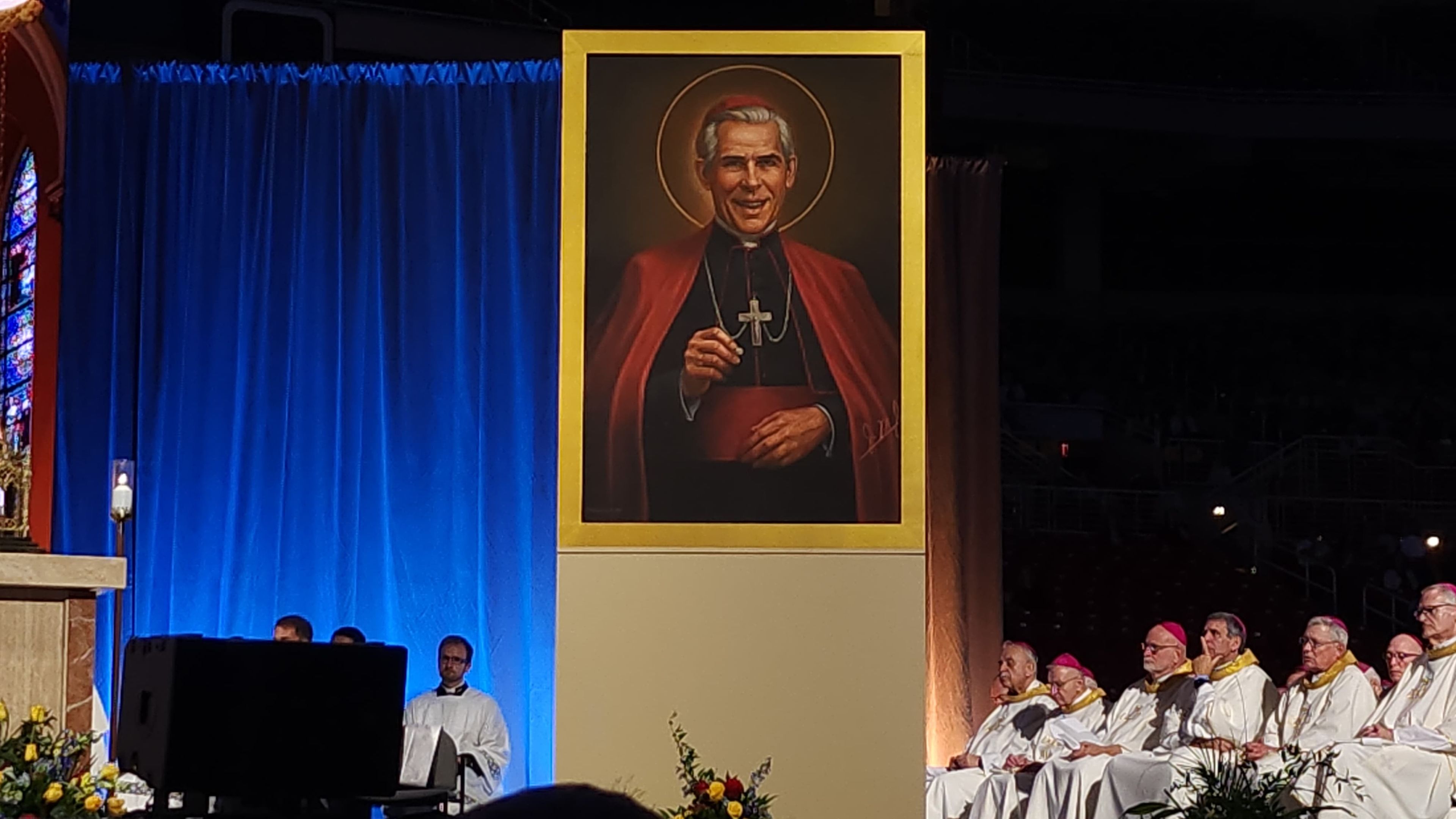 A new image of Blessed Fulton Sheen is displayed after he is declared “blessed” at the Mass for his beatification on Sept. 24, 2026, at The Dome at America’s Center in St. Louis. | Credit: Jeffrey Bruno