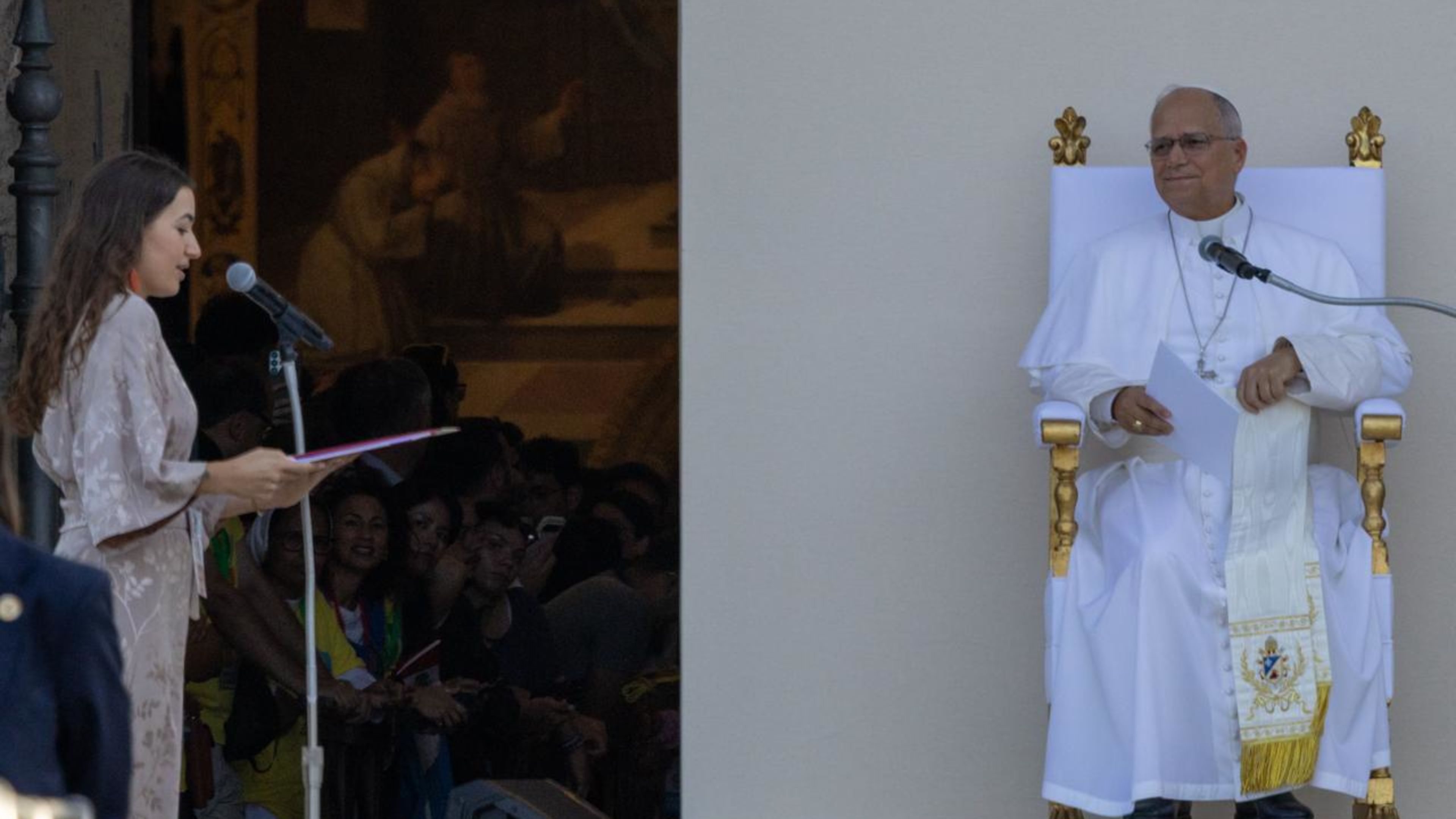Pope Leo XIV listens to a question from Karolina, a young woman from Zagreb, Croatia, at the GO! Franciscan Youth Meeting 2026 in Assisi, Italy,  on August 6, 2026. | Credit: Daniel Ibáñez/EWTN News