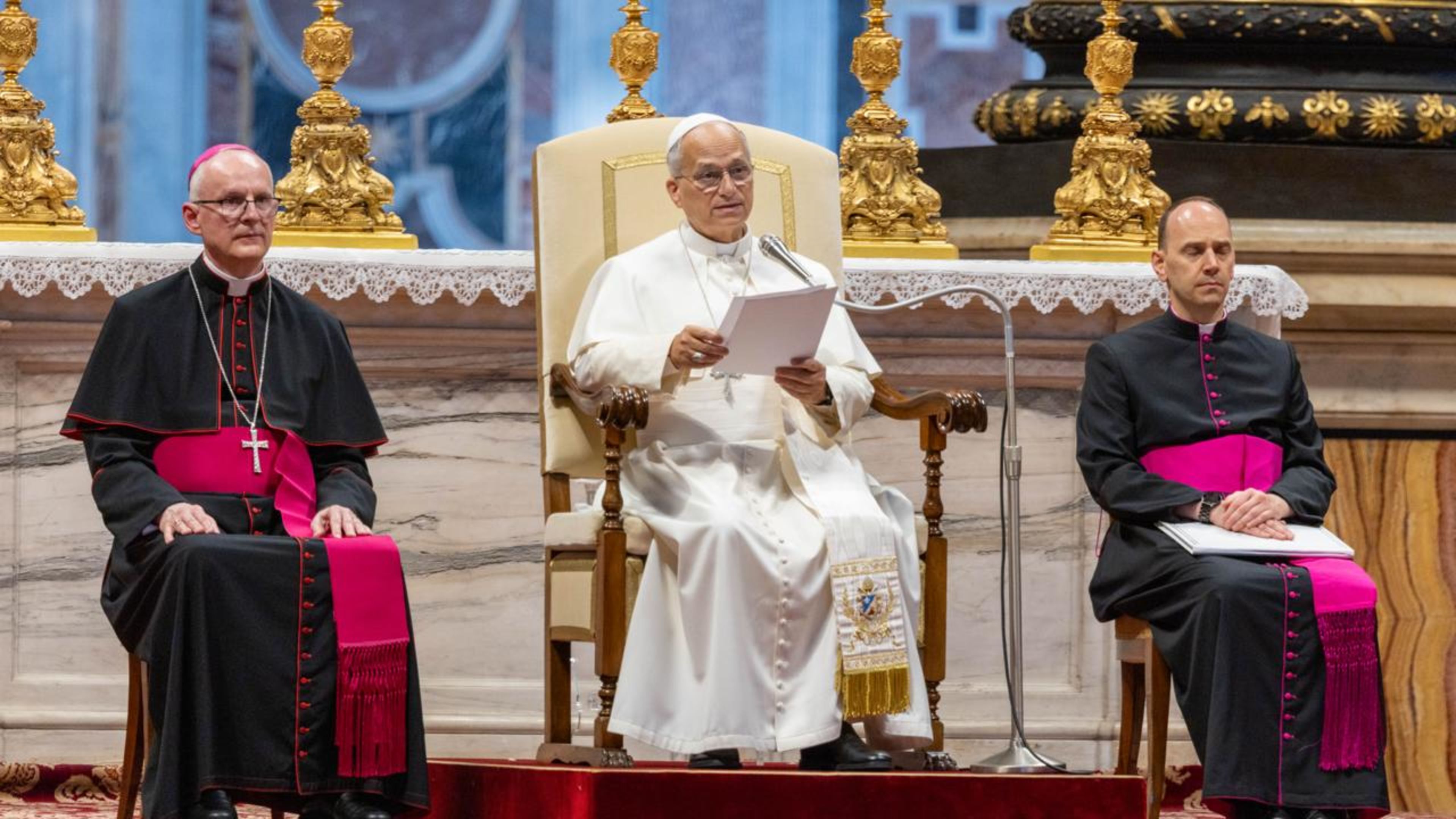 Pope Leo XIV delivers his weekly address during the general audience in St. Peter’s Basilica on Aug. 12, 2026. | Credit: Daniel Ibáñez/EWTN News