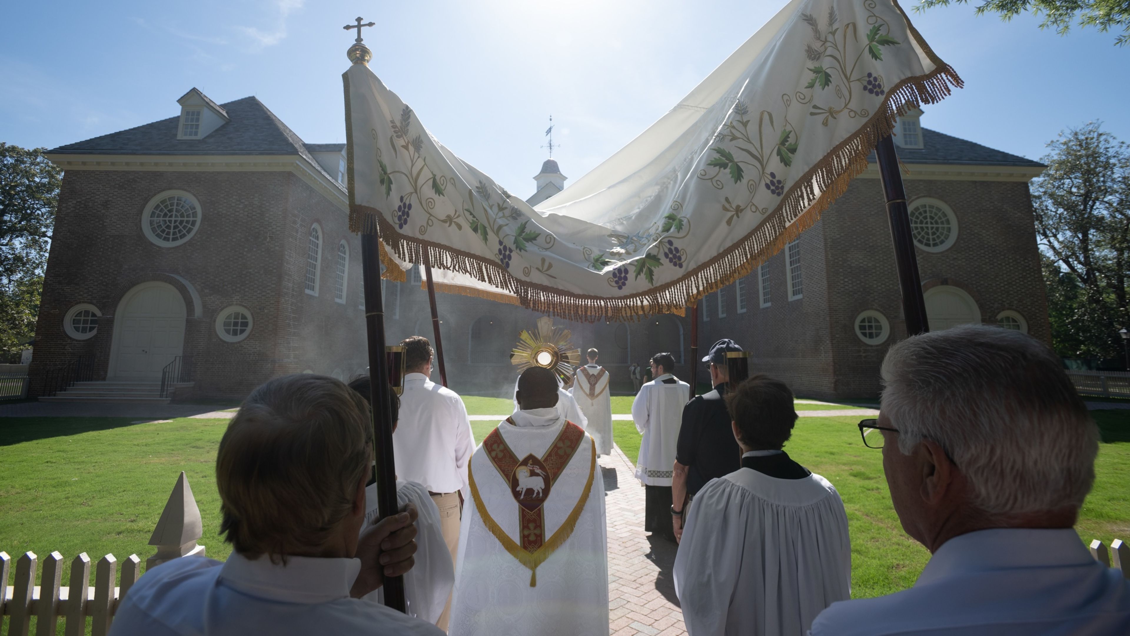 The 2026 National Eucharistic Pilgrimage approaches the College of William and Mary’s Wren Building, the oldest academic building in continuous use in the United States, on June 5, 2026, in Williamsburg, Virginia. | Credit: Jeffrey Bruno/EWTN News