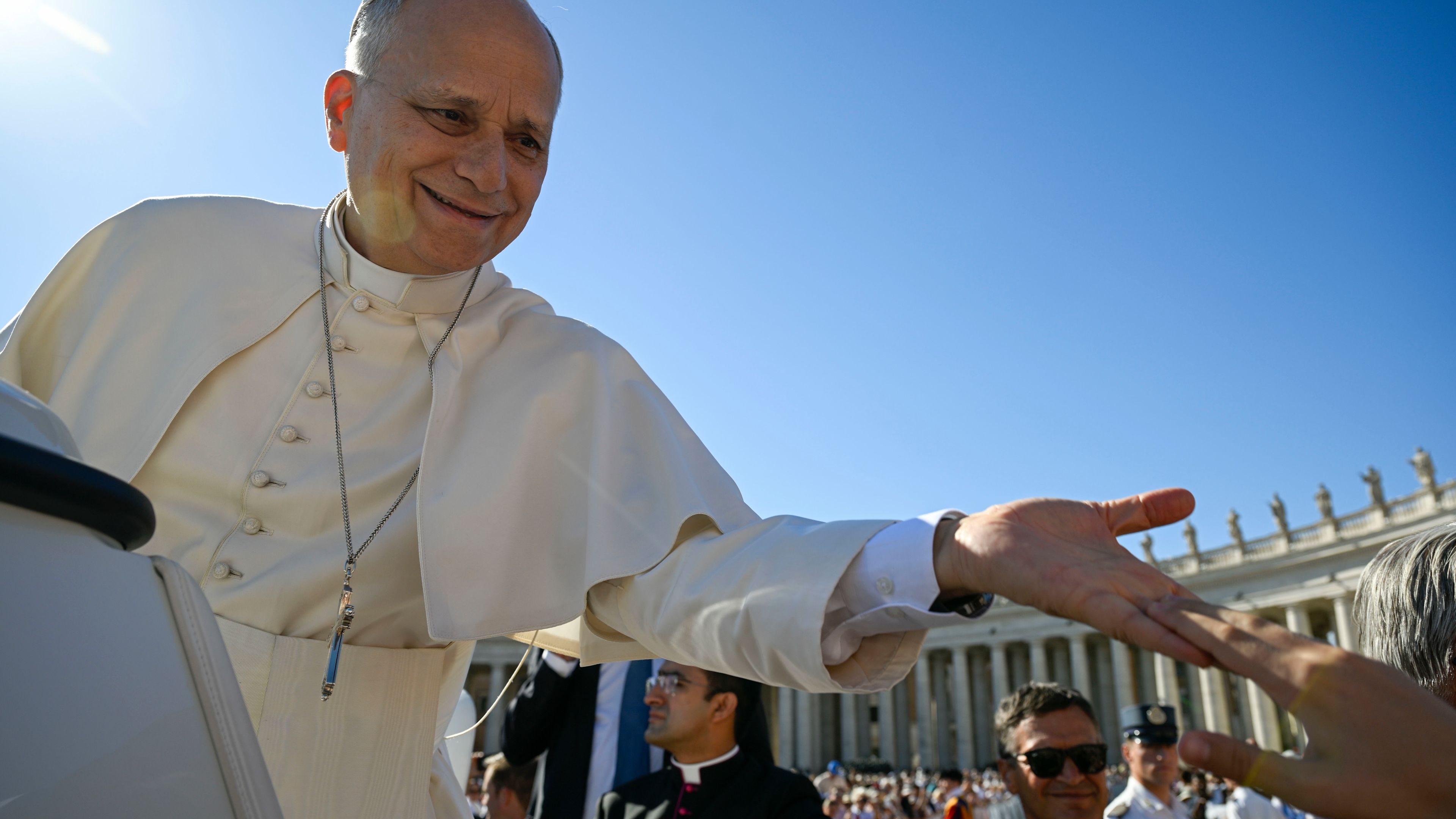Pope Leo XIV reaches from the popemobile toward a pilgrim during his general audience in St. Peter’s Square on Sept. 2, 2026. | Credit: Vatican Media
