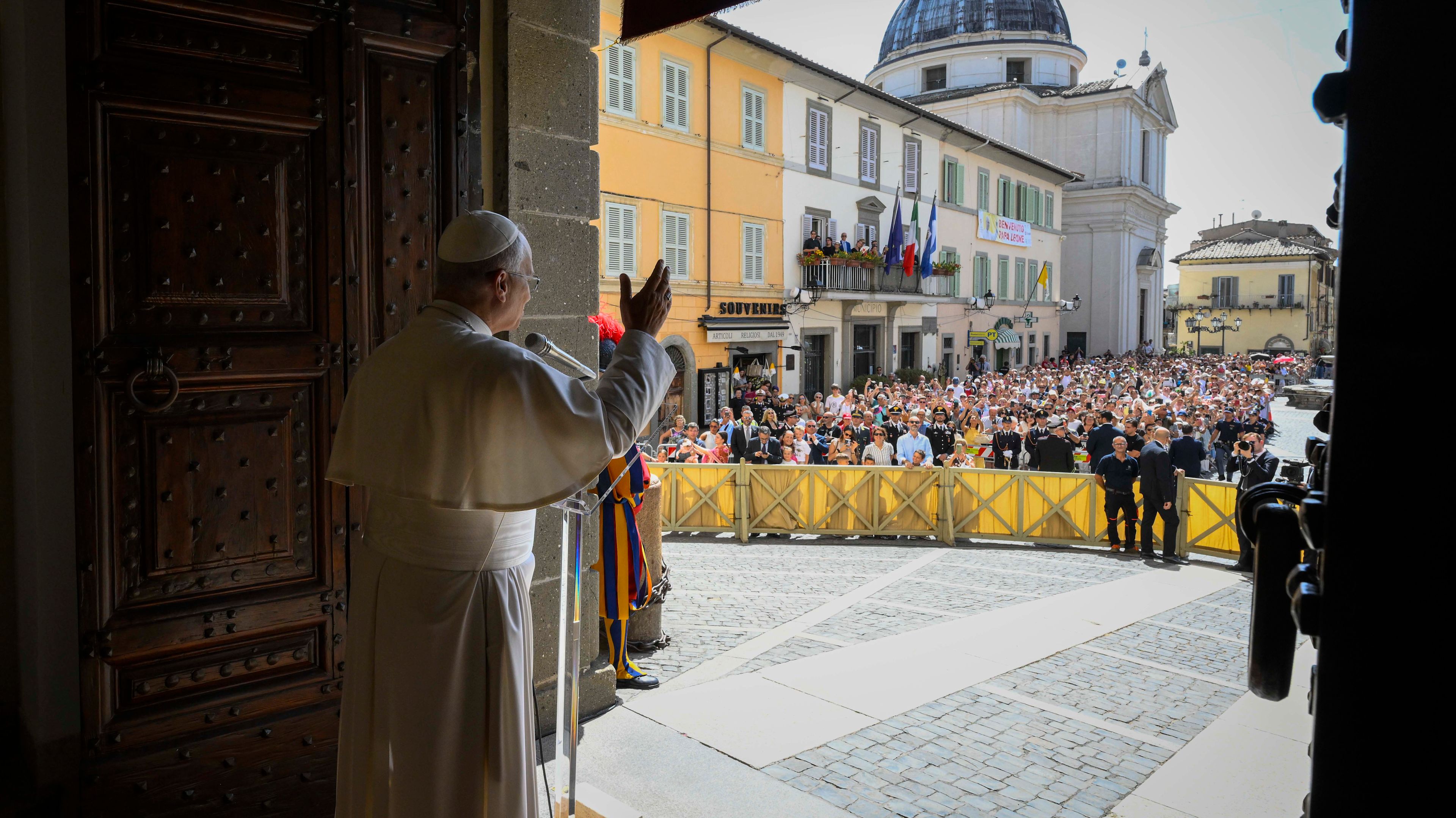 Pope Leo XIV addresses pilgrims gathered in Piazza della Libertà at Castel Gandolfo, Italy, for the recitation of the Angelus on August 30, 2026. | Credit: Vatican Media