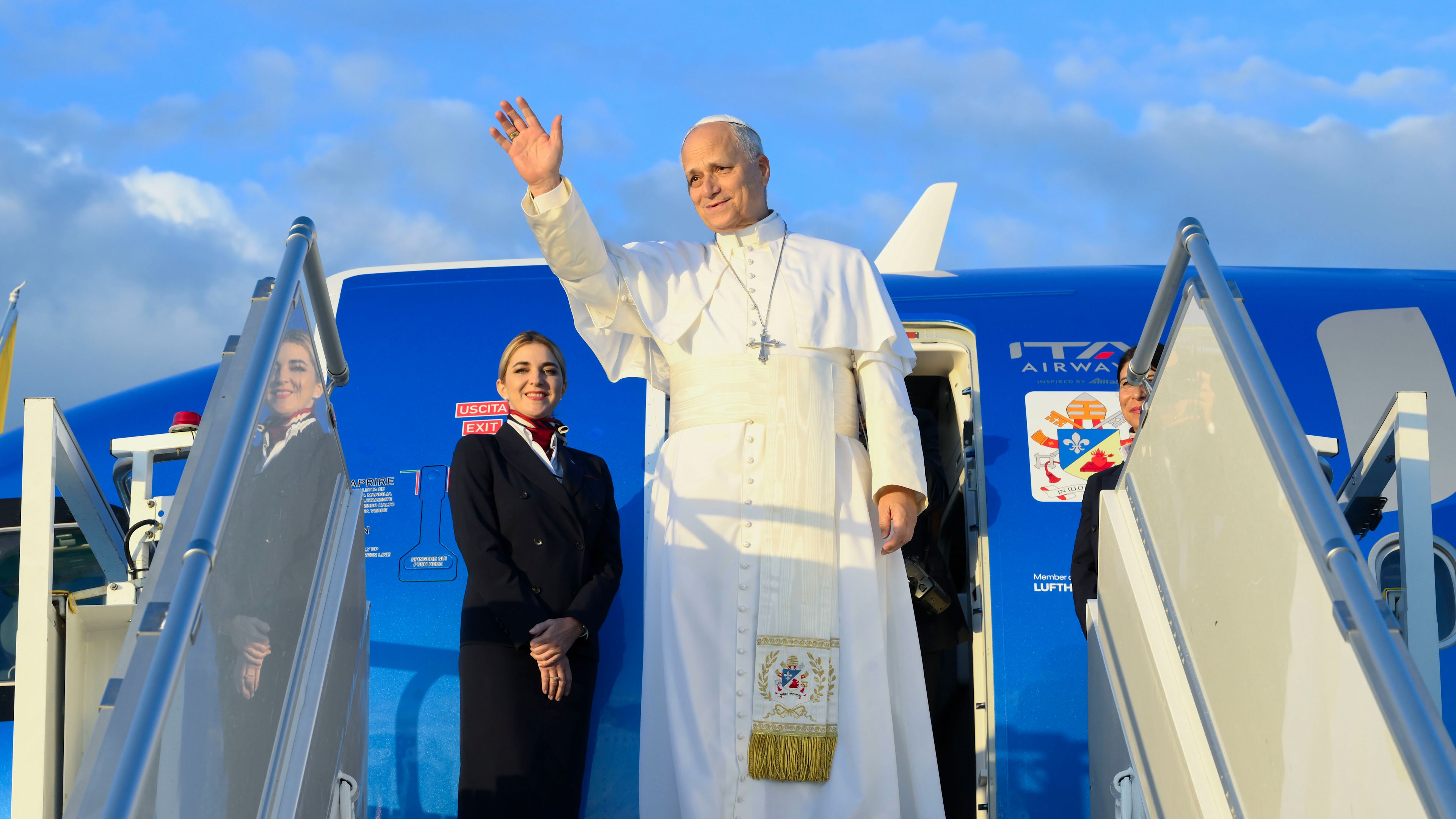 Pope Leo XIV waves as he boards the plane ITA Airways A321, as he departed Rome to begin his apostolic journey to France on Sept. 25, 2026. | Credit: Vatican Media