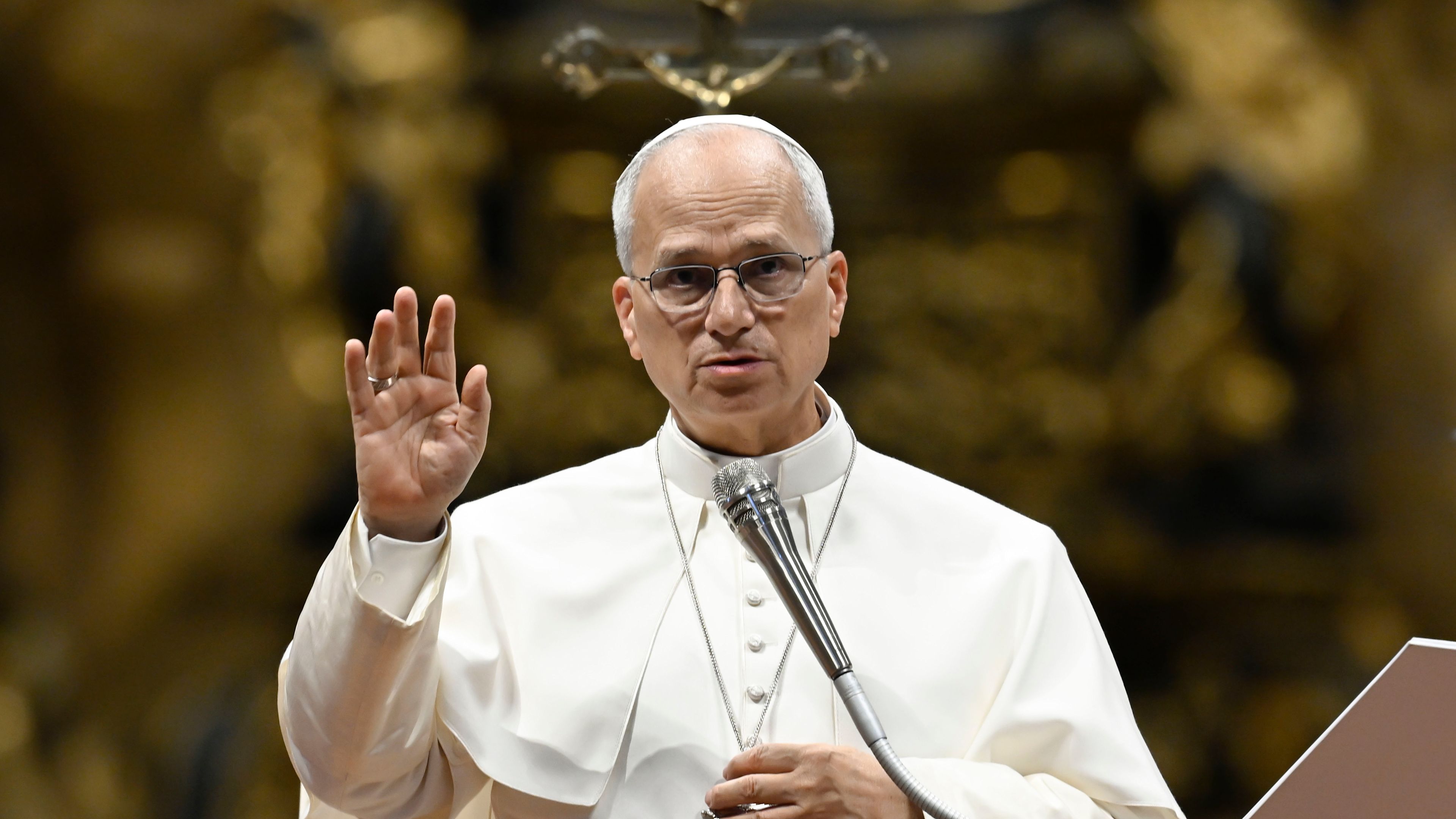 Pope Leo XIV gives his apostolic blessing at the end of the general audience in St. Peter’s Basilica on Aug. 26, 2026. | Credit: Vatican Media