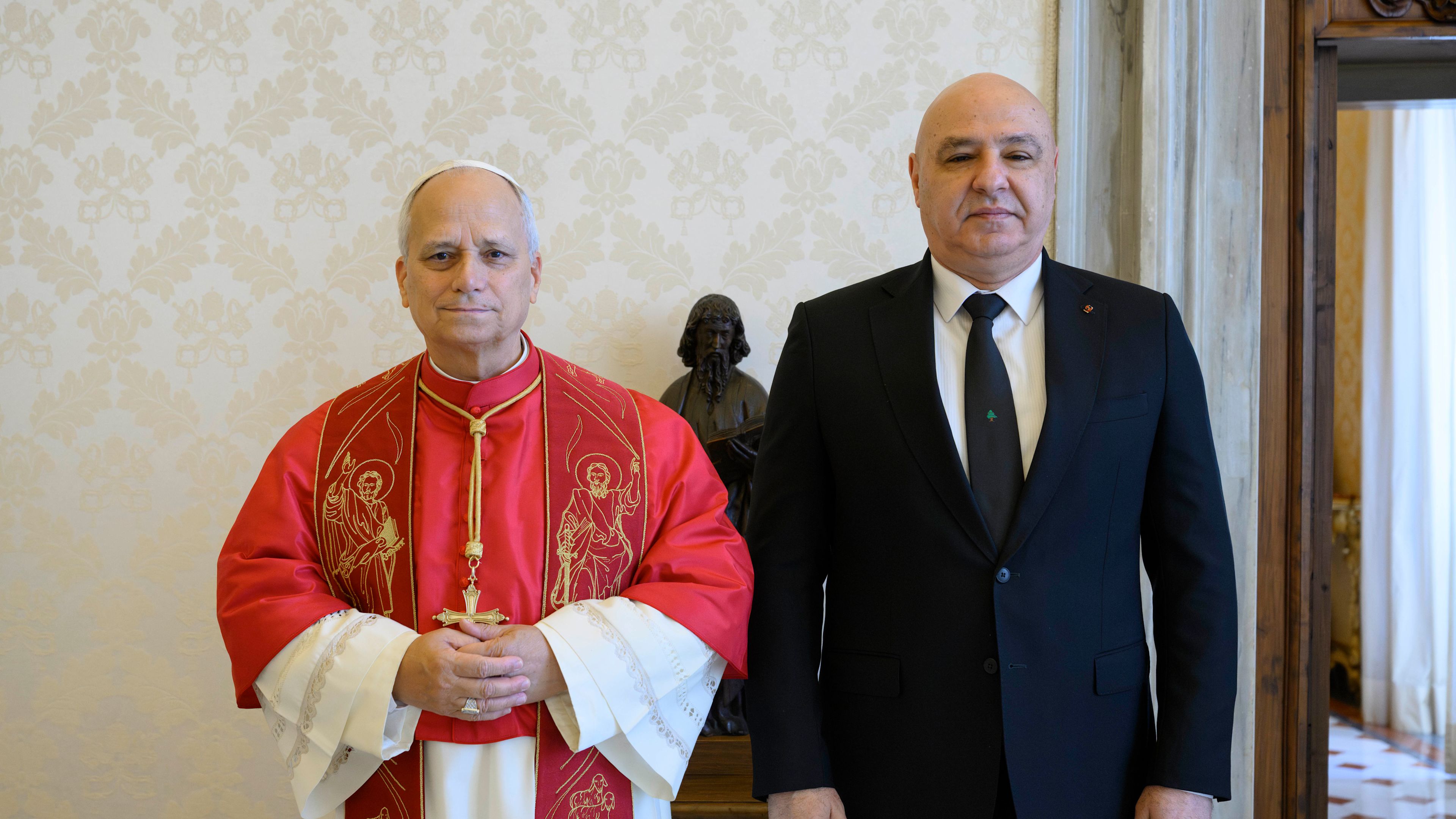 Pope Leo XIV meets with Lebanese President Joseph Aoun on Aug. 20, 2026, at the Apostolic Palace in the Vatican. | Credit: Vatican Media