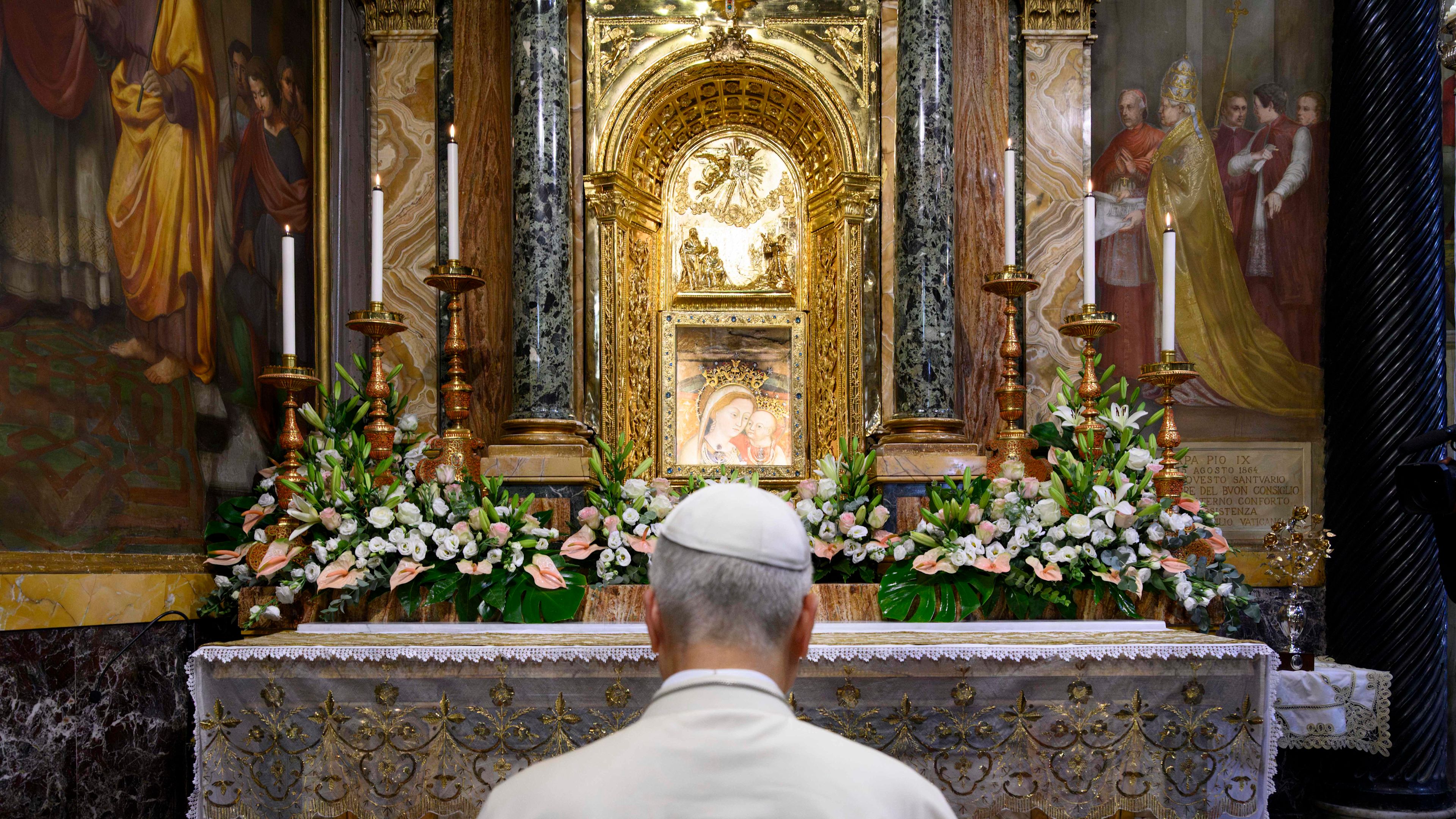 Pope Leo XIV venerates an image of the Virgin Mary at the Shrine of Our Lady of Good Counsel in Genazzano, Italy, on Sept. 7, 2026. | Credit: Vatican Media