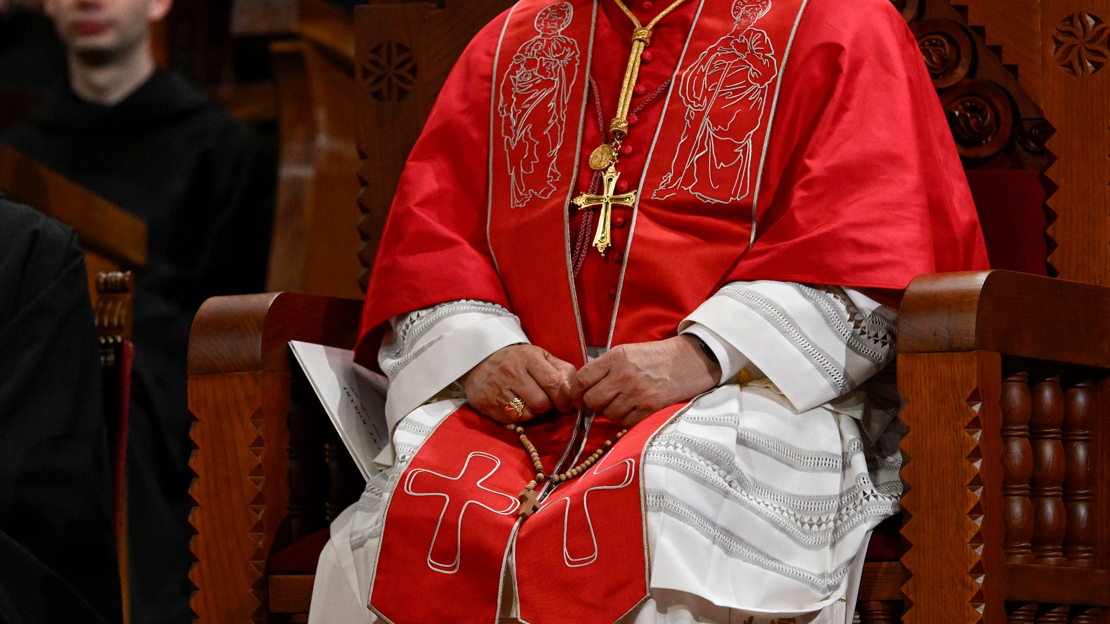 Pope Leo XIV prays with a simple, wooden rosary during a prayer at the Abbey of Our Lady of Montserrat, northwest of Barcelona, Spain, on June 10, 2026. | Credit: Vatican Media