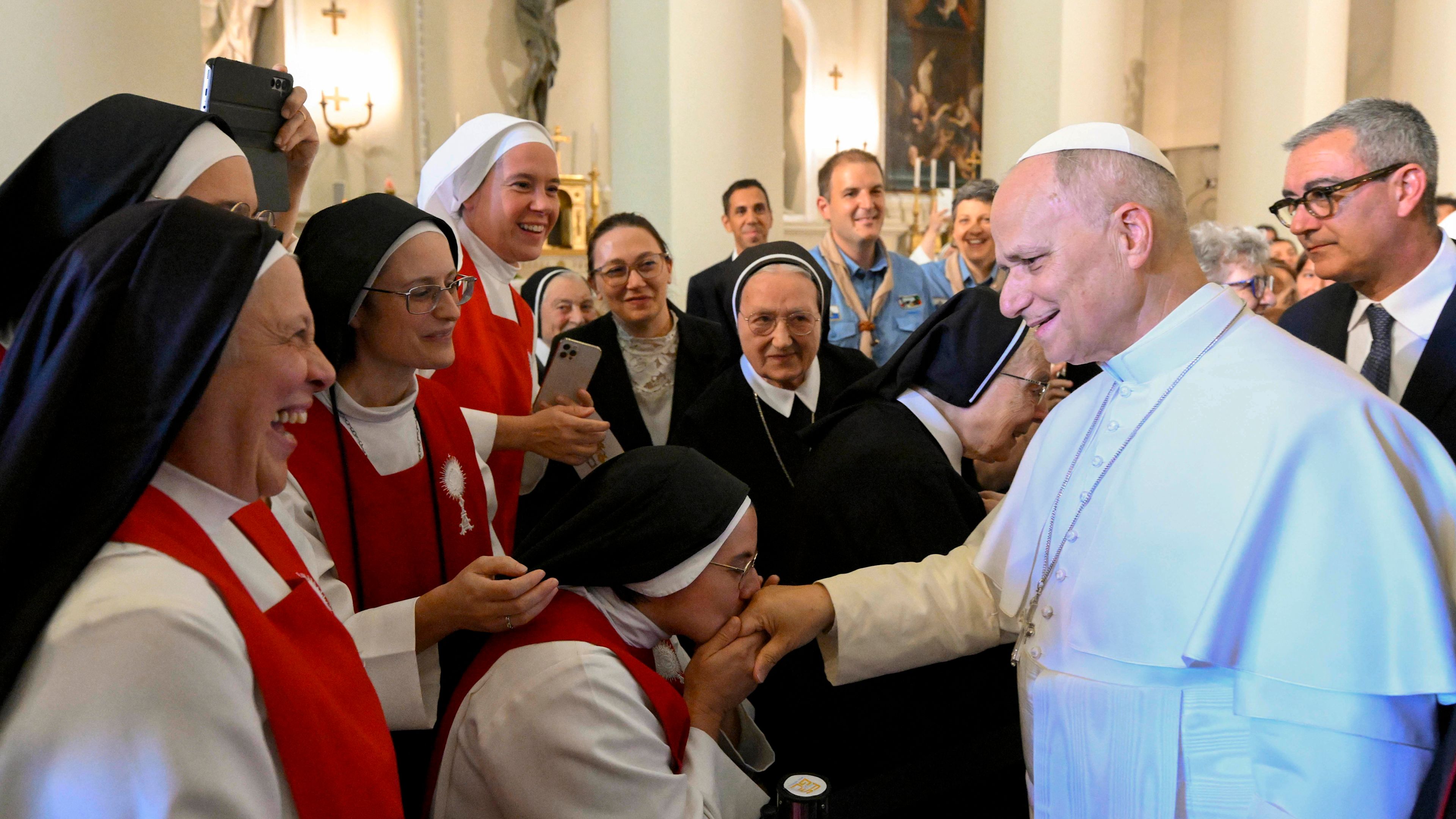 Religious sisters greet Pope Leo XIV at the Basilica di San Marino, Aug. 22, 2026. | Credit: Vatican Media
