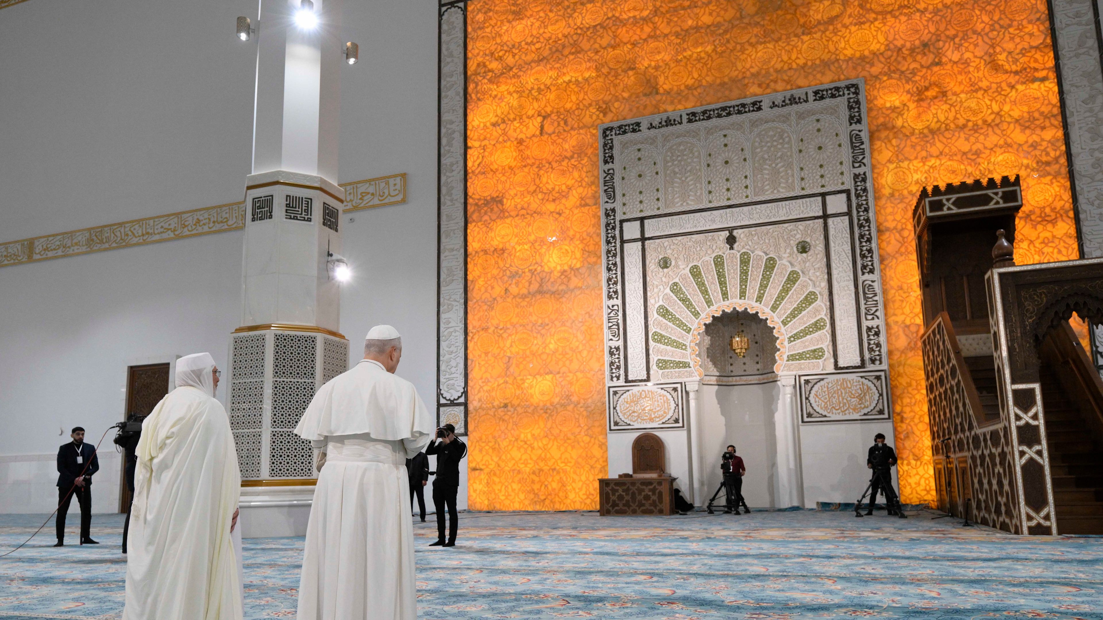 Pope Leo XIV stands with Rector Mohamed Mamoun Al Qasimi at the Great Mosque in Algiers, Monday, April 13, 2026. | Credit: Vatican Media