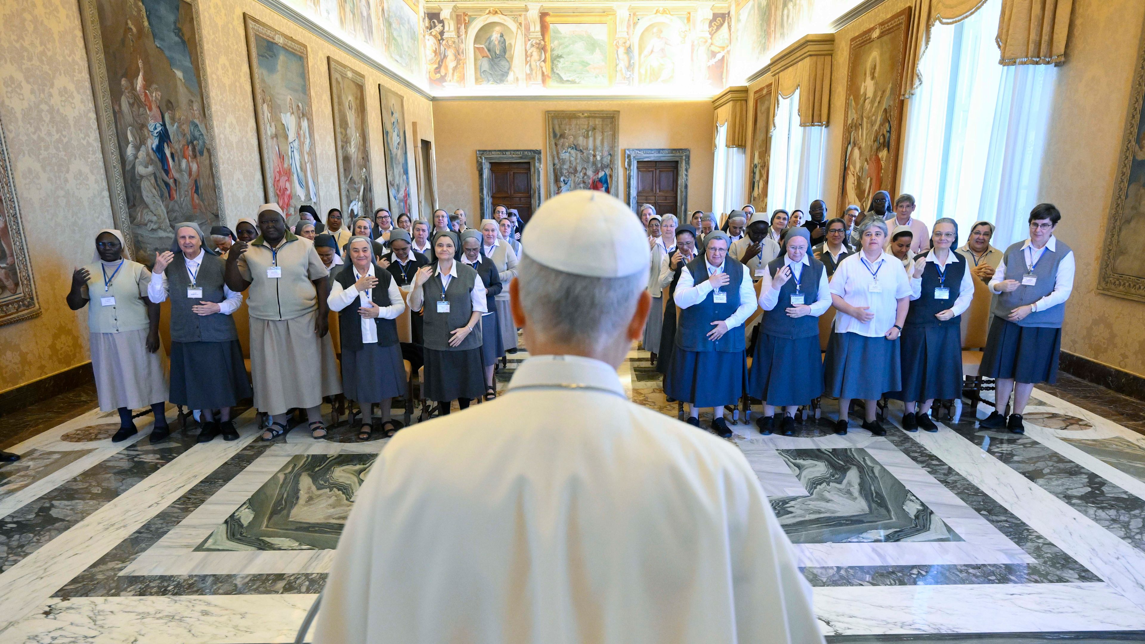 Pope Leo XIV blesses the Sisters of Charity of Saint Jeanne-Antide Thouret after his private audience with them at the Apostolic Palace in the Vatican on Oct. 26, 2026. | Credit: Vatican Media