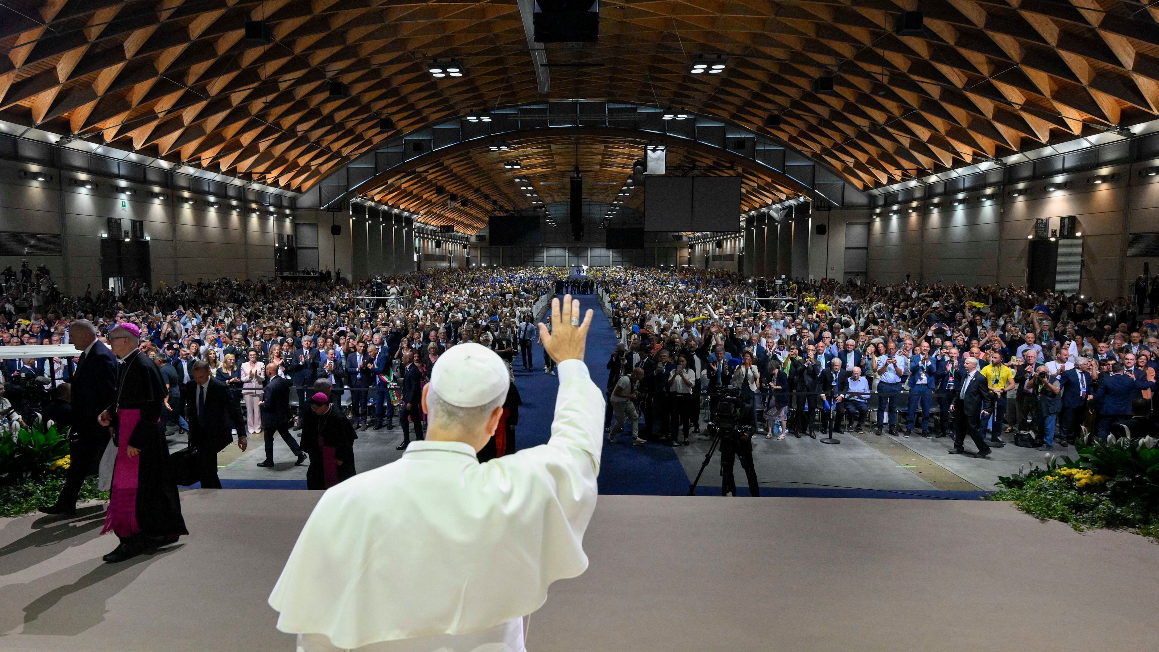 Pope Leo XIV greets the 47th Meeting for Friendship Among the Peoples in Rimini, Italy, Aug. 22, 2026. | Credit: Vatican Media
