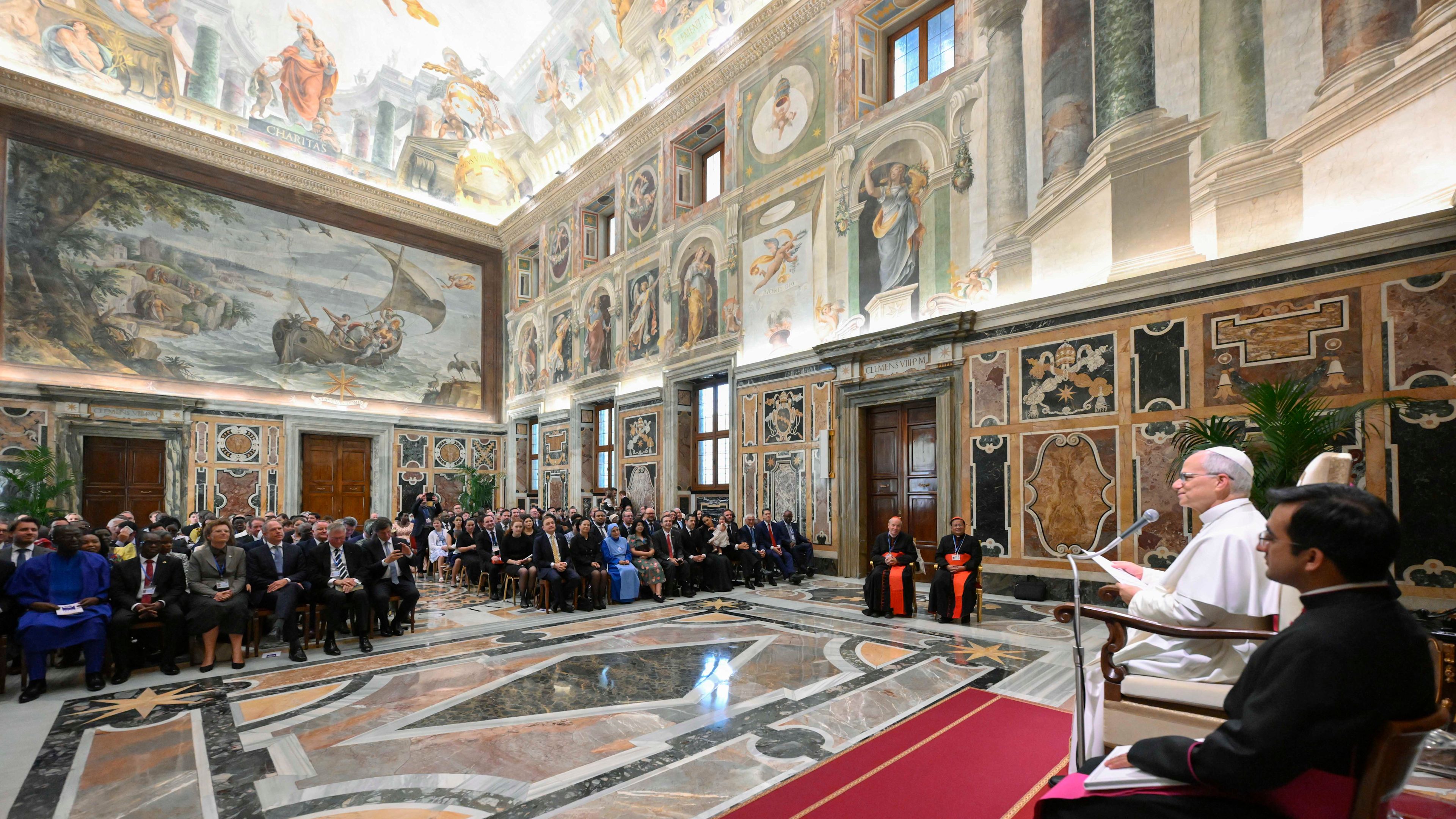 Pope Leo XIV delivers remarks during a private audience with a delegation from the International Catholic Legislators Network at the Apostolic Palace in the Vatican on Aug. 21, 2026. | Credit: Vatican Media