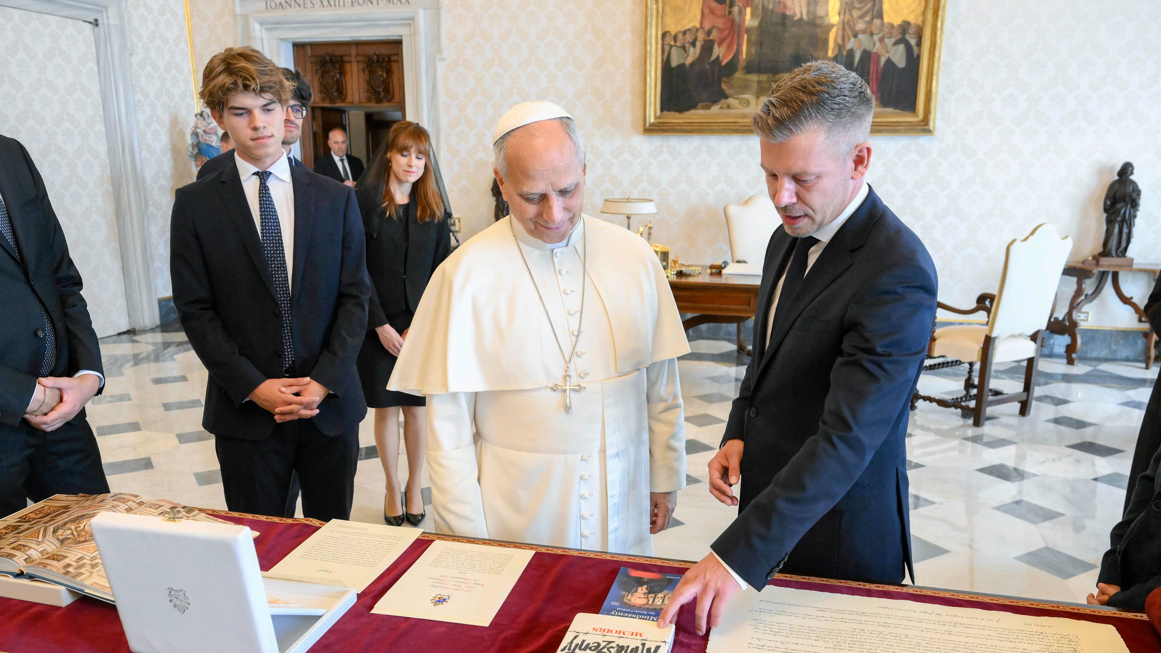 Hungarian Prime Minister Péter Magyar presents Pope Leo XIV with a book of memoirs by the late Cardinal József Mindszenty at the Vatican on Sept. 24, 2026. | Credit: Vatican Media