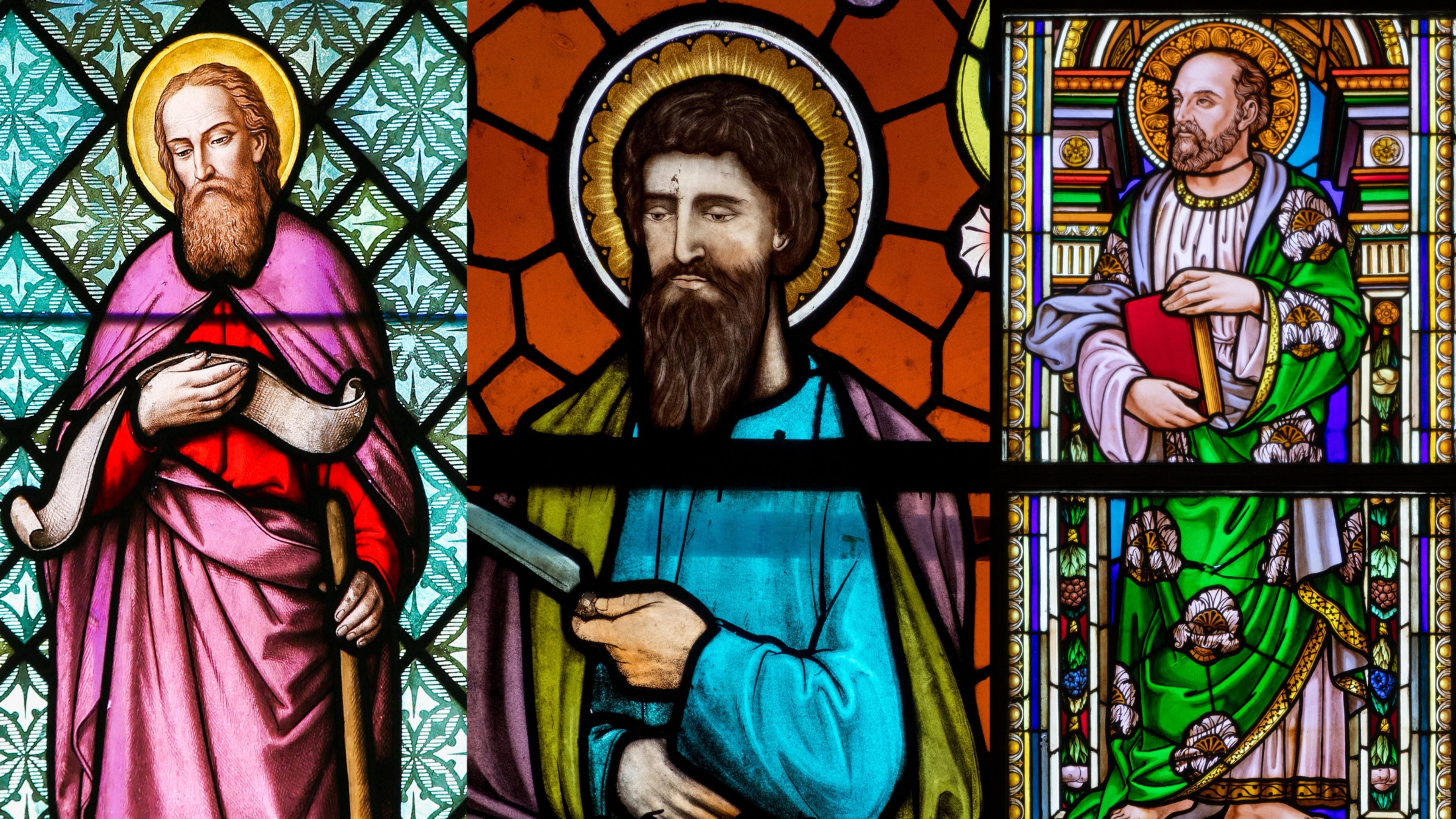 From left to right: Stained glass depictions of St. James the Lesser, St. Bartholomew, and St. Matthias. | Credit: jorisvo/Shutterstock / Joan Sutter/Shutterstock / Renata Sedmakova/Shutterstock