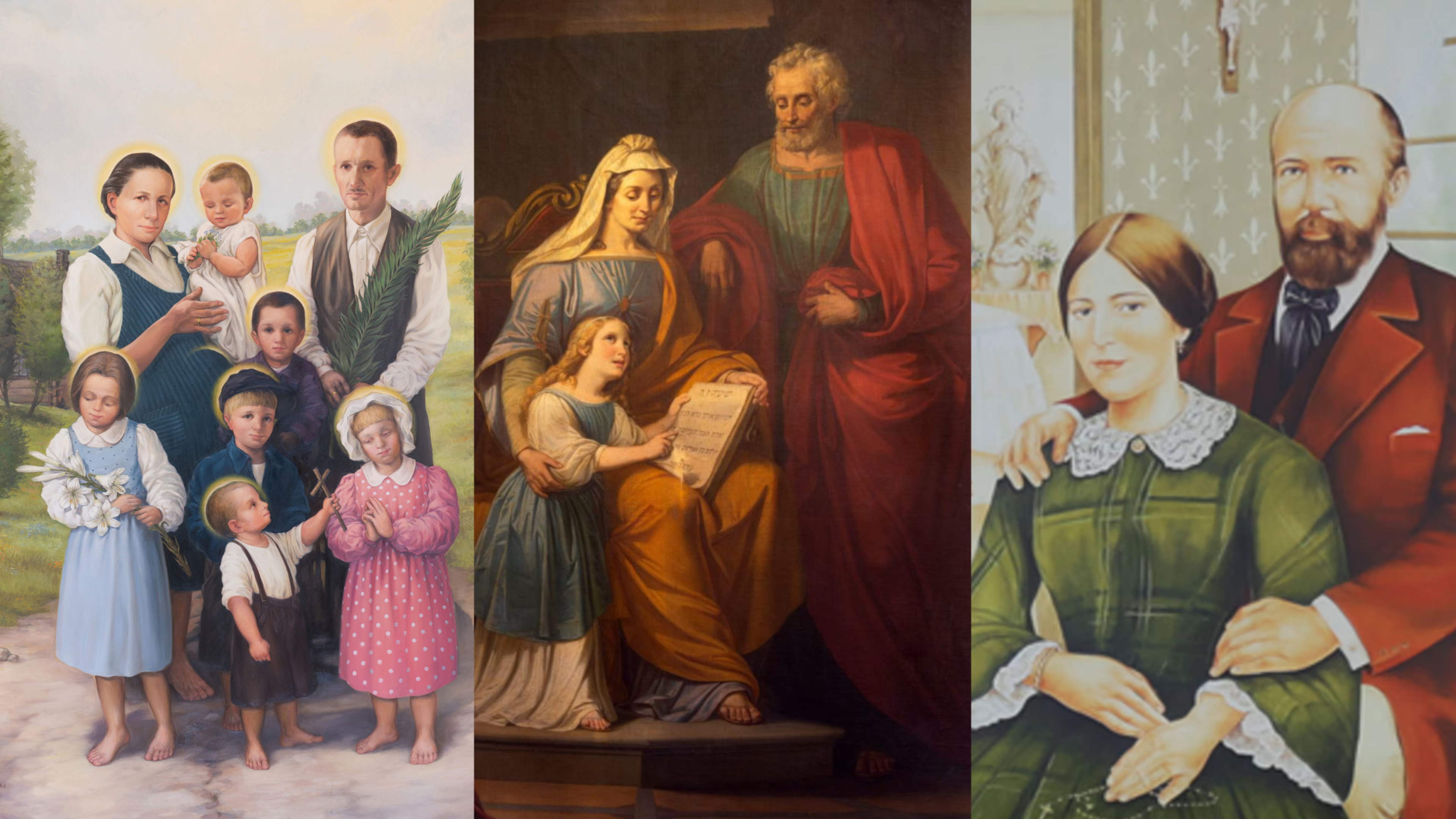 From left to right: A painting of the Ulma family; a painting of St. Joachim, the little Virgin Mary, and St. Anne in the Church of San Francesco in Reggio Emilia, Italy; and a tapestry of Blessed Louis and Zelie Martin, parents of St. Thérèse of Lisieux, hanging in St. Peter’s Square Oct. 16, 2015, in preparation for their canonization on Oct. 18, 2015. | Credit: The Polish Episcopal Conference; Renata Sedmakova/Shutterstock; Daniel Ibanez/EWTN News