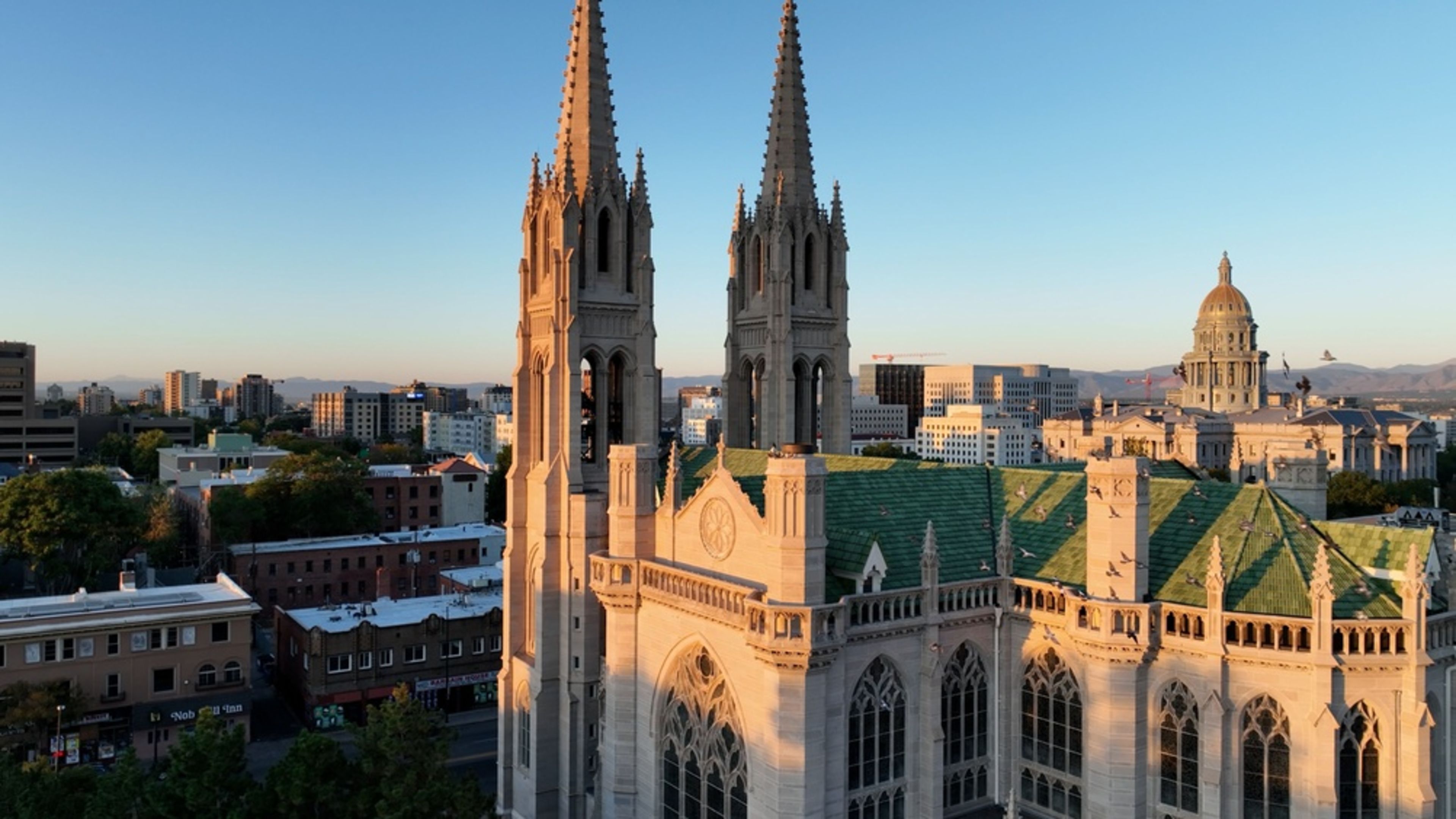 The Cathedral Basilica of the Immaculate Conception in Denver is seen from a drone’s-eye view at sunrise. | Credit: Kurtis Toliver/Shutterstock