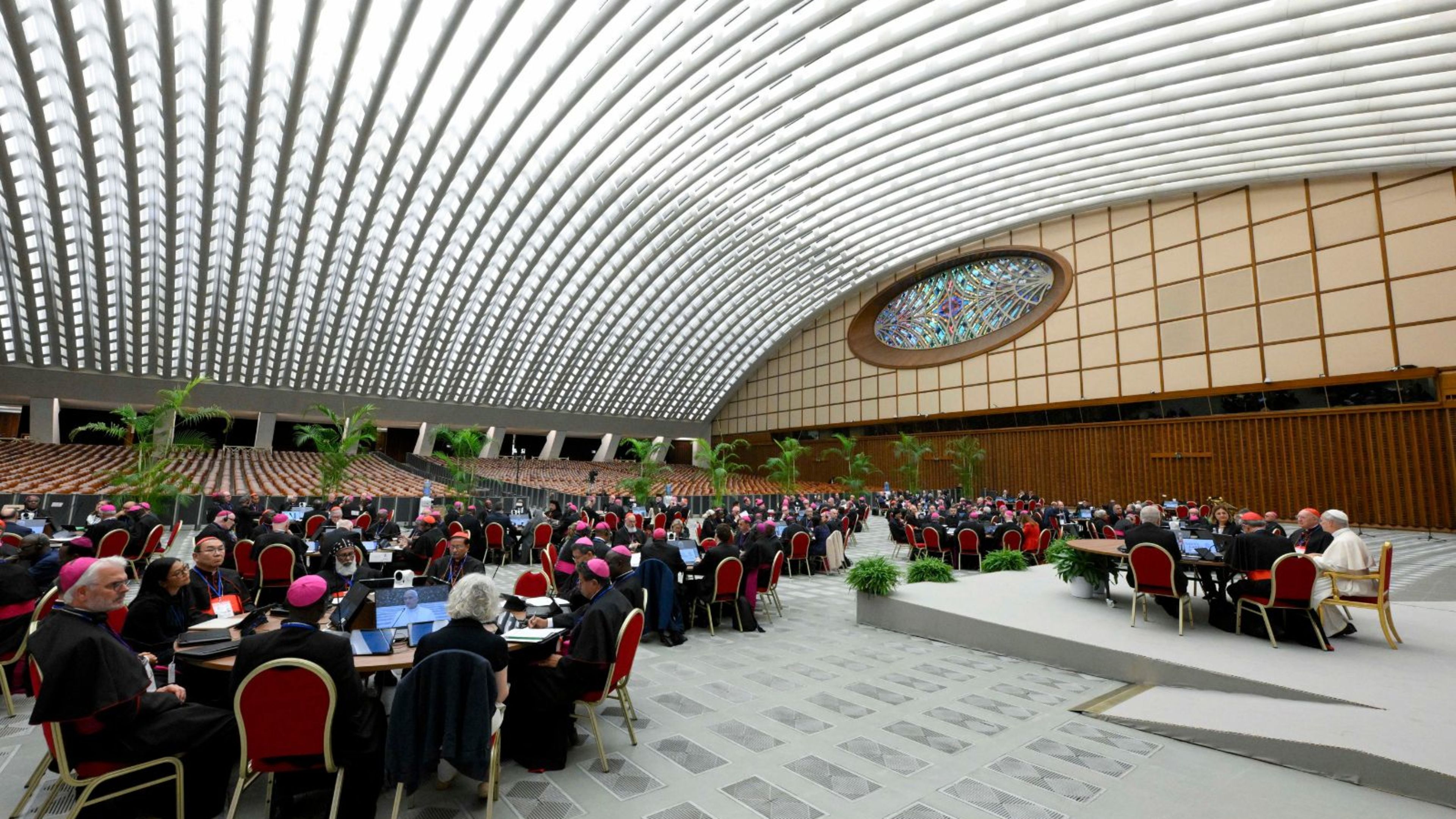 Pope Leo XIV, bishops, and lay experts participate in the first day of a Vatican meeting on “Amoris Laetitia” in the Vatican’s Paul VI Hall on Oct. 7, 2026. | Credit: Vatican Media