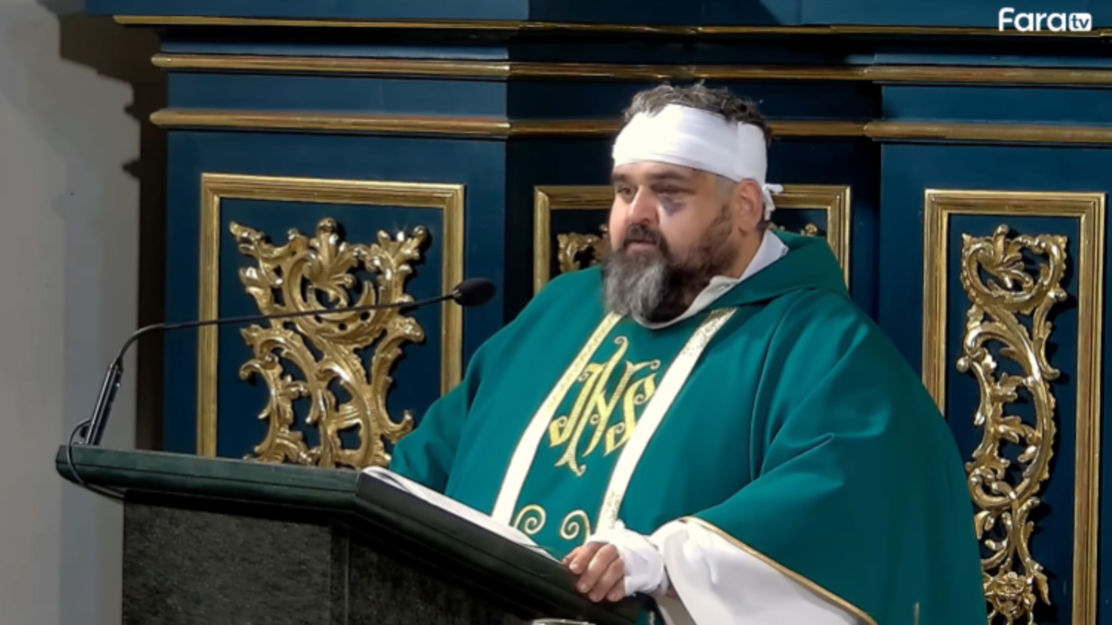 Father Adrian Mantykiewicz, with injuries to his head bandaged, speaks Sept. 26, 2026, after a deadly mass stabbing attack on a convent in southeast Poland. | Credit: Photo courtesy of Radio FARA, the radio station of the Archdiocese of Przemyśl