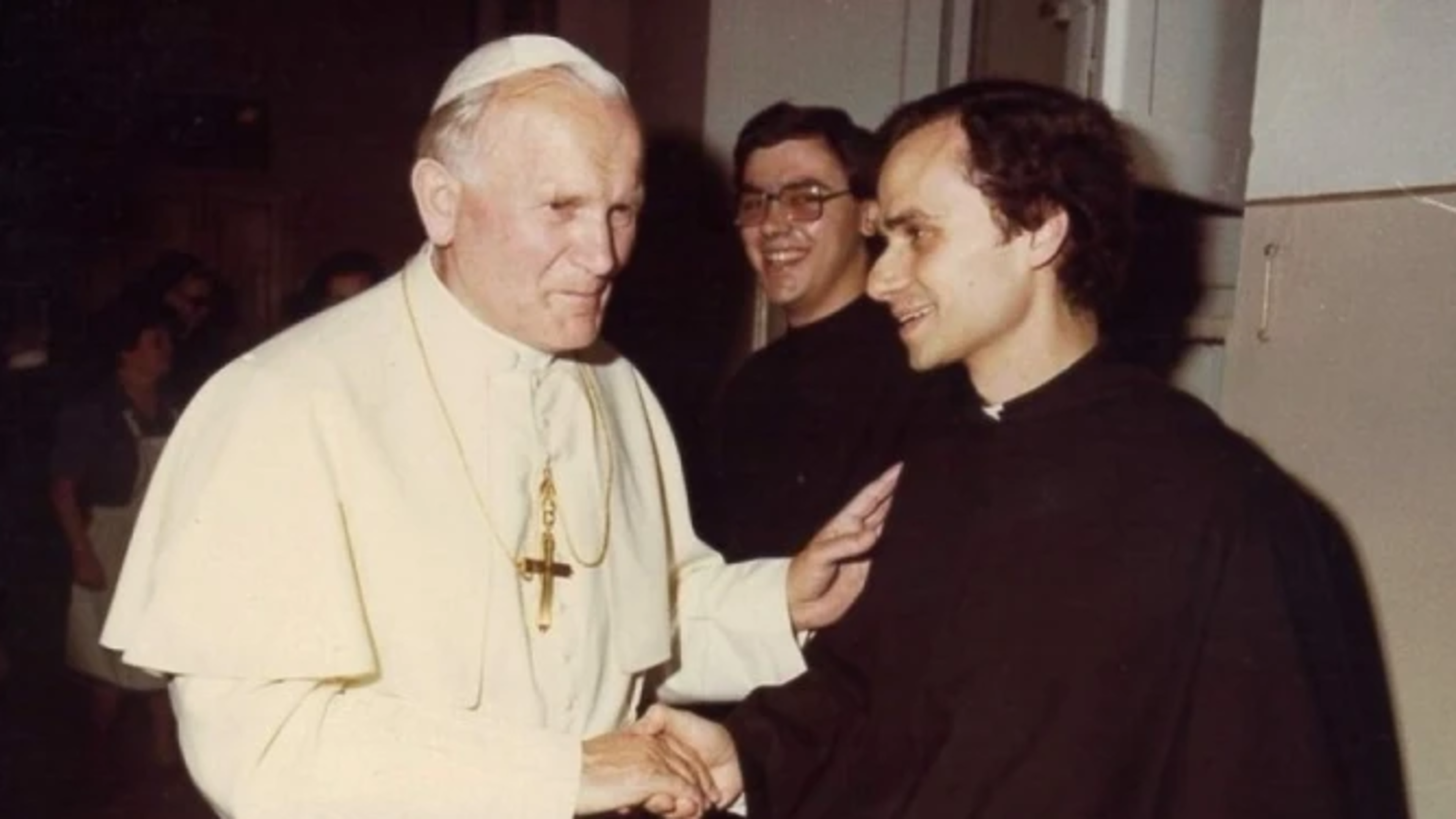 St. John Paul II and a young Robert Francis Prevost, wearing the black habit of the Augustinians. | Credit: Photo courtesy of the Augustinian Midwest Province (USA) Our Mother of Good Counsel