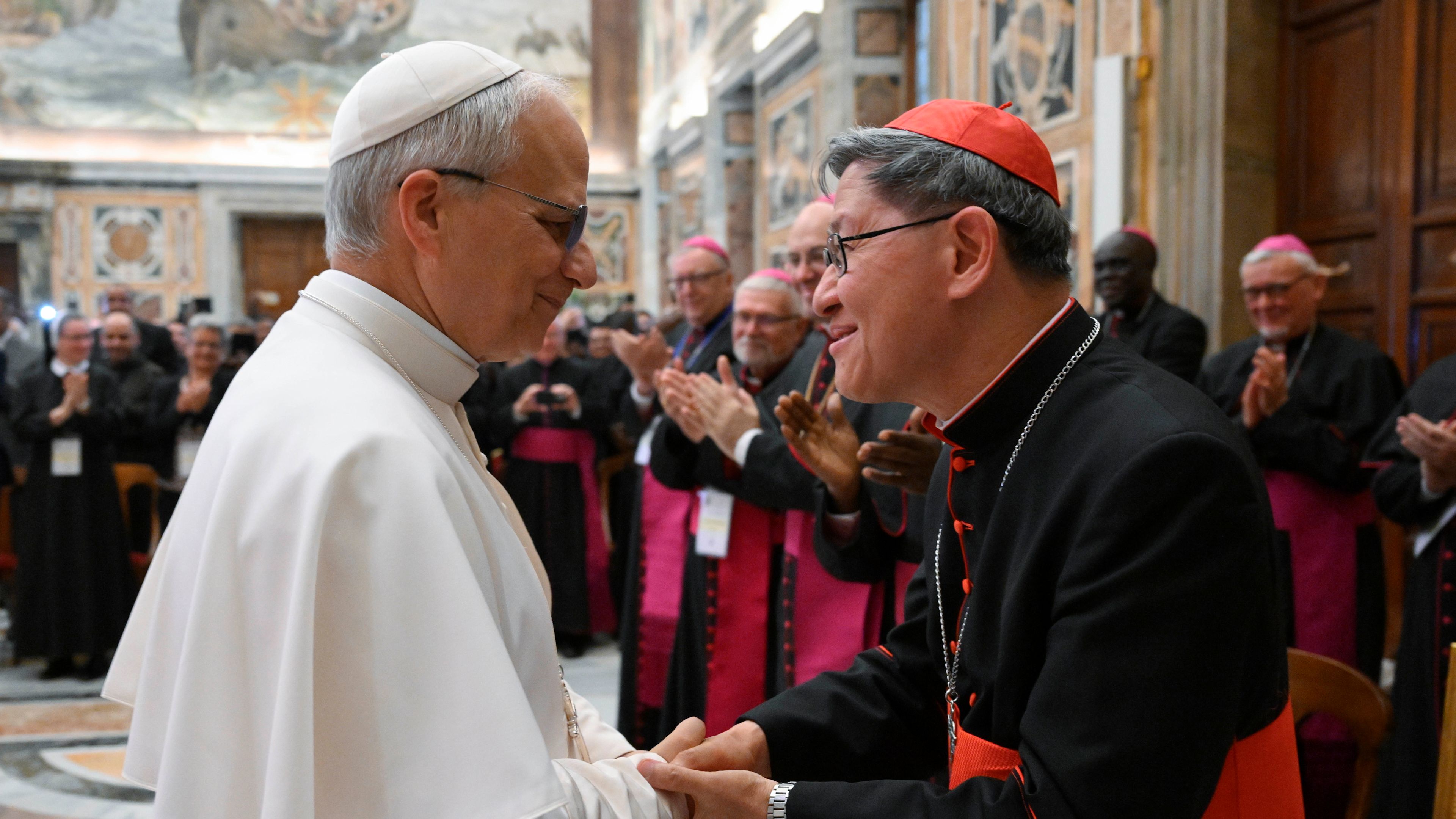 Pope Leo XIV greets Cardinal Luis Antonio Tagle during a meeting with members of the Pontifical Mission Societies on May 22, 2025, at the Vatican. | Credit: Vatican Media