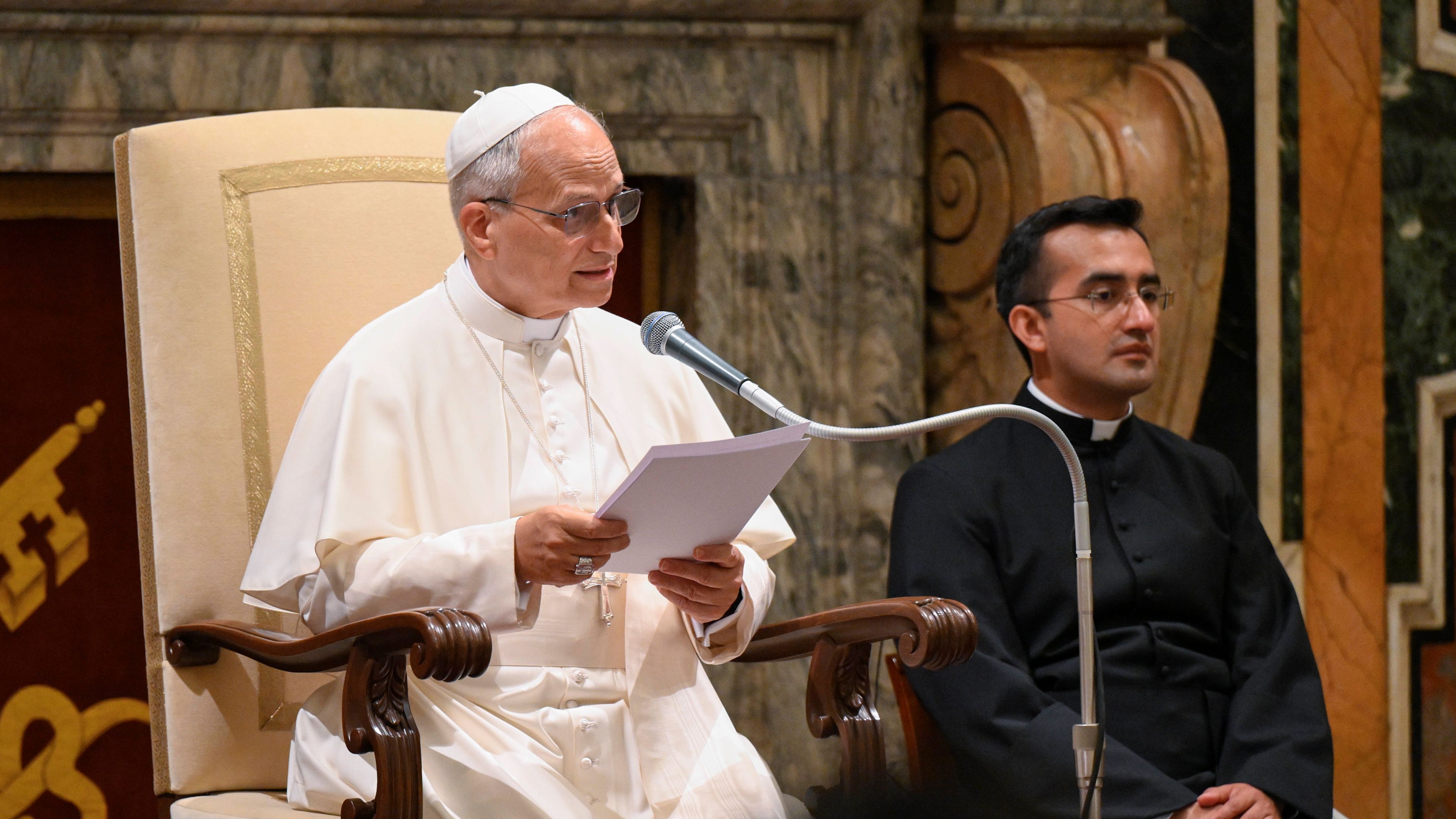 Pope Leo XIV delivering an address regarding the humanitarian situation in Ceuta.