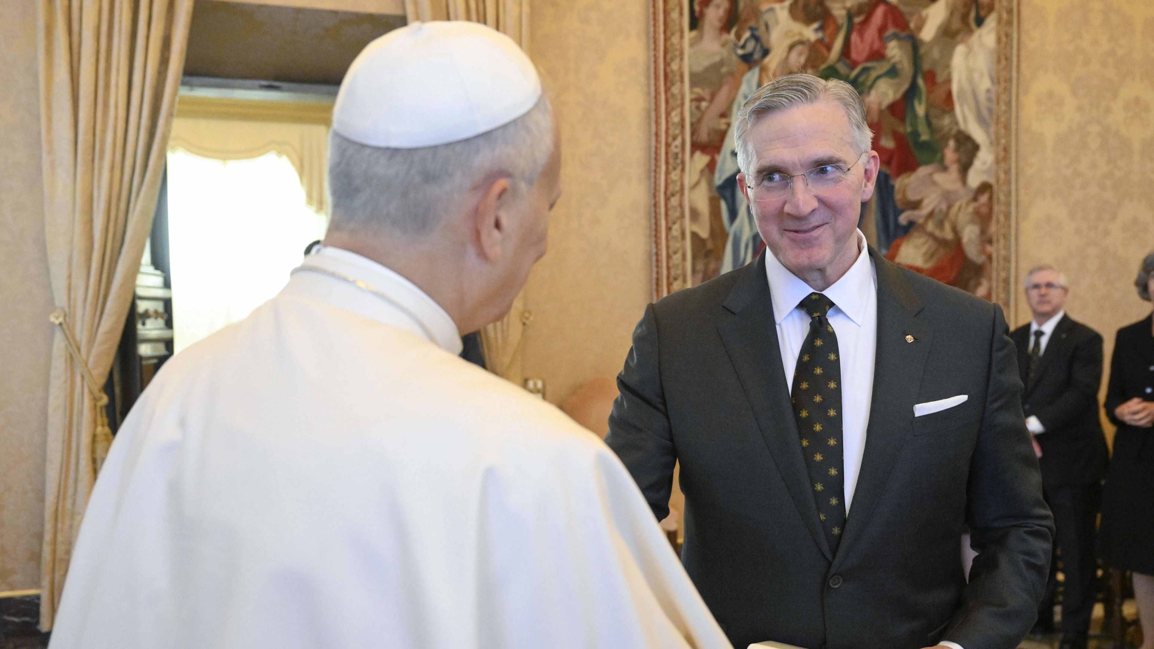 Pope Leo XIV shakes hands with Knights of Columbus Supreme Knight Patrick Kelly during an audience with Knights of Columbus leadership at the Vatican on Oct. 6, 2025. | Credit: Vatican Media